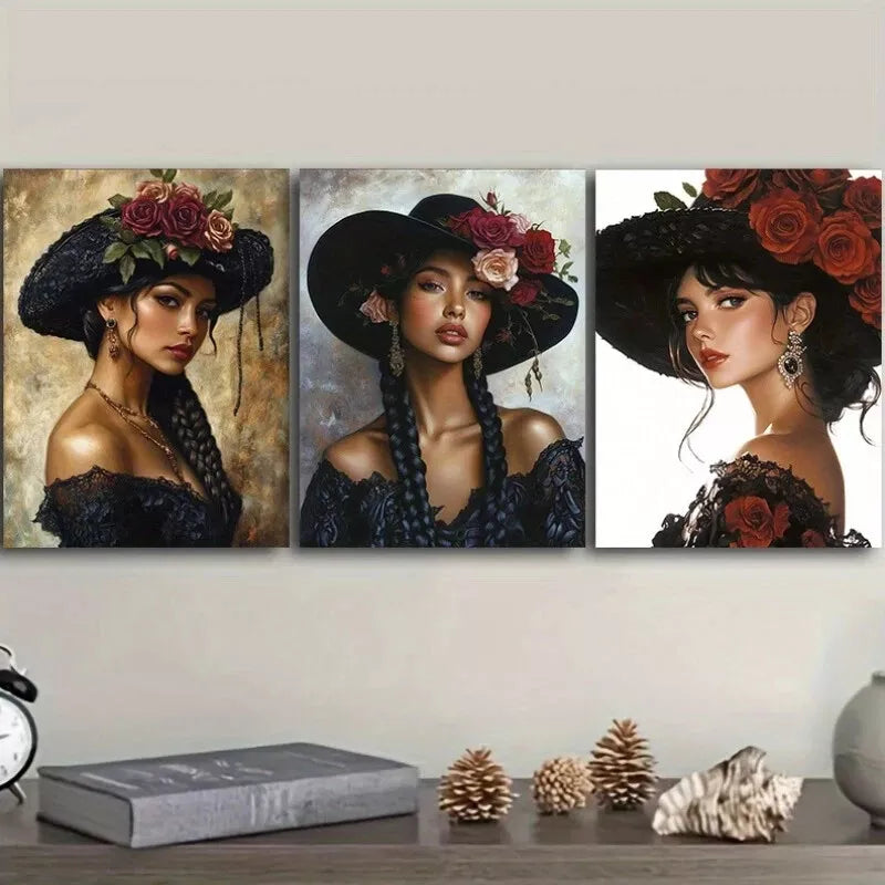 3-Piece Black Sombrero Woman Wall Art Set - Framed Canvas Prints 50x70cm | High Quality Australian Made | Ready to Hang | Perfect for Living Room, Bedroom & Office Decor
