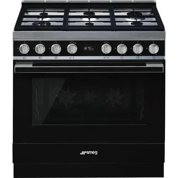 Smeg 90cm Portofino Dual Fuel Pyrolytic Freestanding Cooker - Black | Professional Gas & Electric Range Oven for Home Kitchen | Perfect for Baking, Roasting & Family Cooking