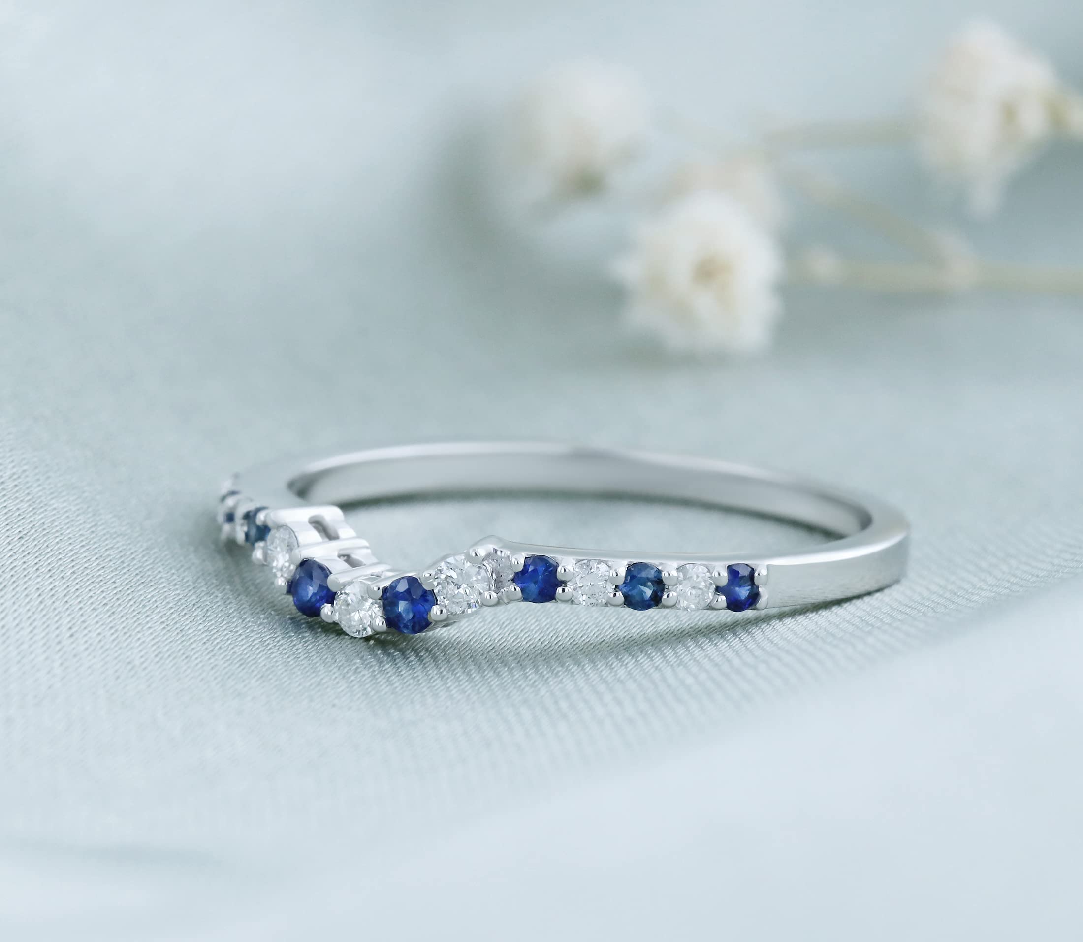Blue Sapphire & Diamond Wedding Ring for Her in Gold - Elegant Stackable Band