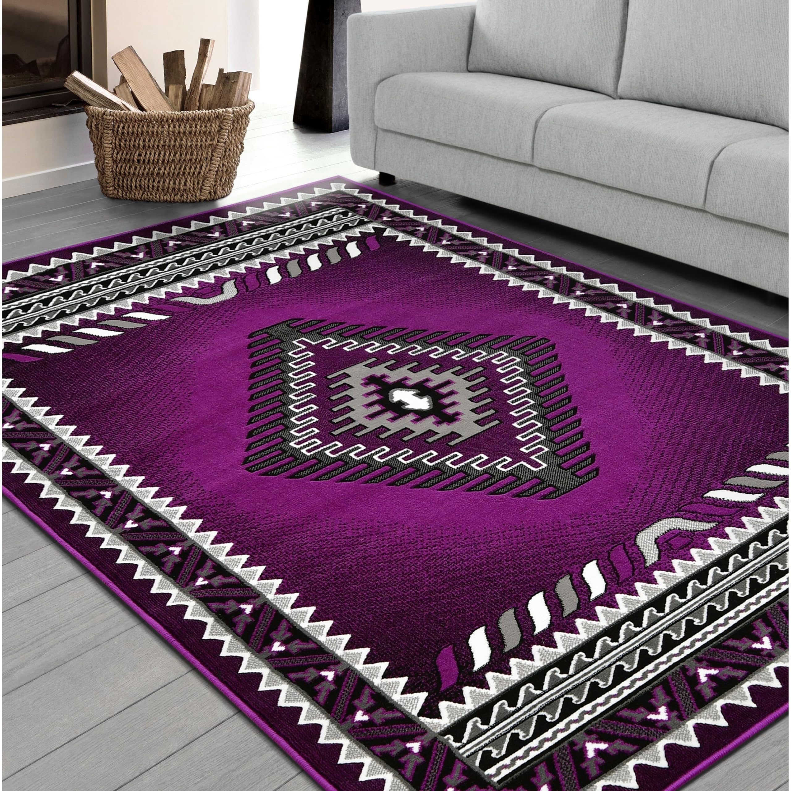 Handmade Southwestern Style 5' x 7' Area Rug - Navajo Native American Inspired Modern Faded Design in Purple, Gray & Black - Perfect for Living Room, Bedroom or Boho Home Decor