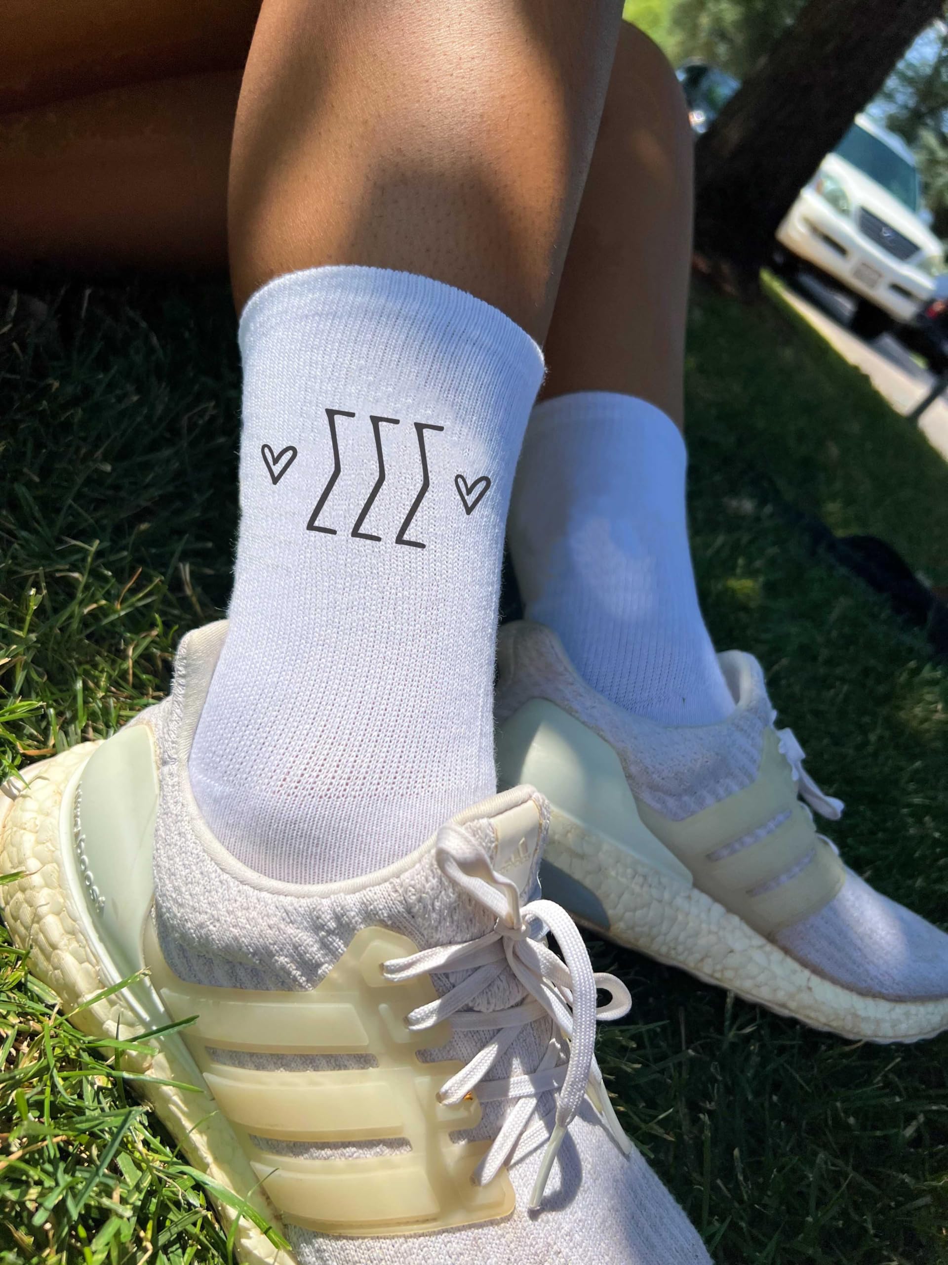 Sigma Sigma Sigma Sorority Socks - Greek Letter Crew Socks with Heart Designs in White, Pink & Heather Gray - Perfect for Sorority Events, College Gifts & Greek Life Apparel