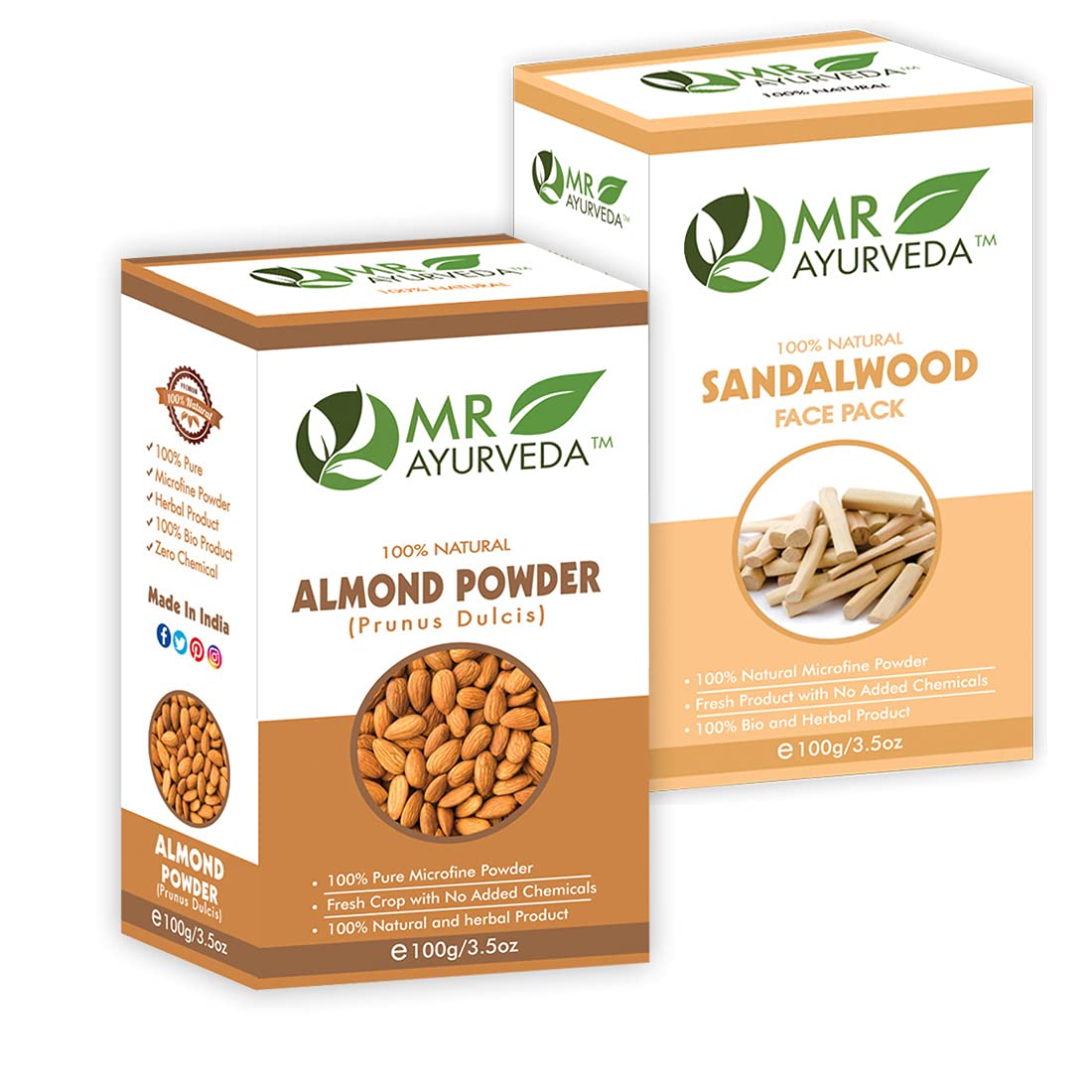 MR Ayurveda Almond Powder & Sandalwood Face Pack Powder Combo (100g Each) - Natural Skin Brightening & Exfoliating Treatment for Glowing Complexion - Perfect for Daily Skincare Routine & Spa Days