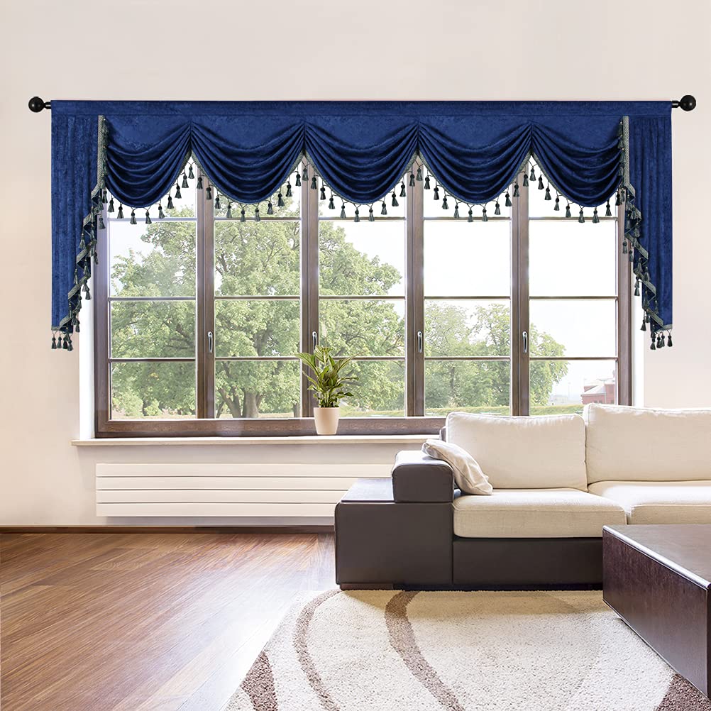 ELKCA Thick Chenille Window Curtain Valance - Royal Blue Waterfall Valance for Living Room & Bedroom - 1 Panel (138