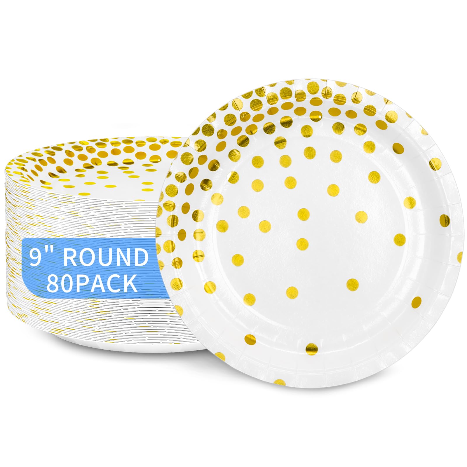 DYLIVeS 80 Count White and Gold Paper Plates - 9 Inch Metallic Foil Polka Dot Disposable Party Plates for Desserts, Cocktails, Birthdays, Bridal Showers, Easter & Graduation Decorations - Perfect for Elegant Events, Holiday Parties & Special Occasions