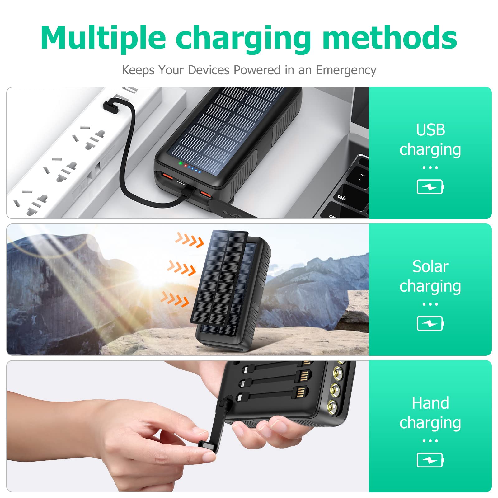 63200mAh Solar Power Bank with Dual USB Outputs & Inputs | Portable Solar Charger with 4 LED Flashlight & Hand Crank | Fast Charging Battery Pack for Camping, Hiking, Emergency Kits & Outdoor Survival Gear