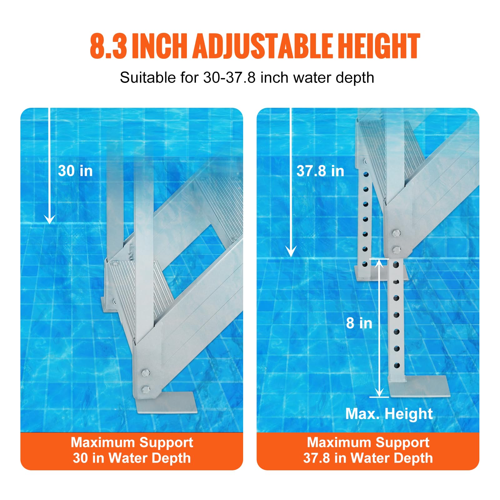VEVOR 4-Step Aluminum Dock Ladder with Handrails - 500lb Capacity Adjustable Boat Steps for Pool, Lake & Marine Use - Wide Non-Slip Pedals for Pontoon, RV & Home Boarding - Perfect for Swimming, Fishing & Water Sports Access