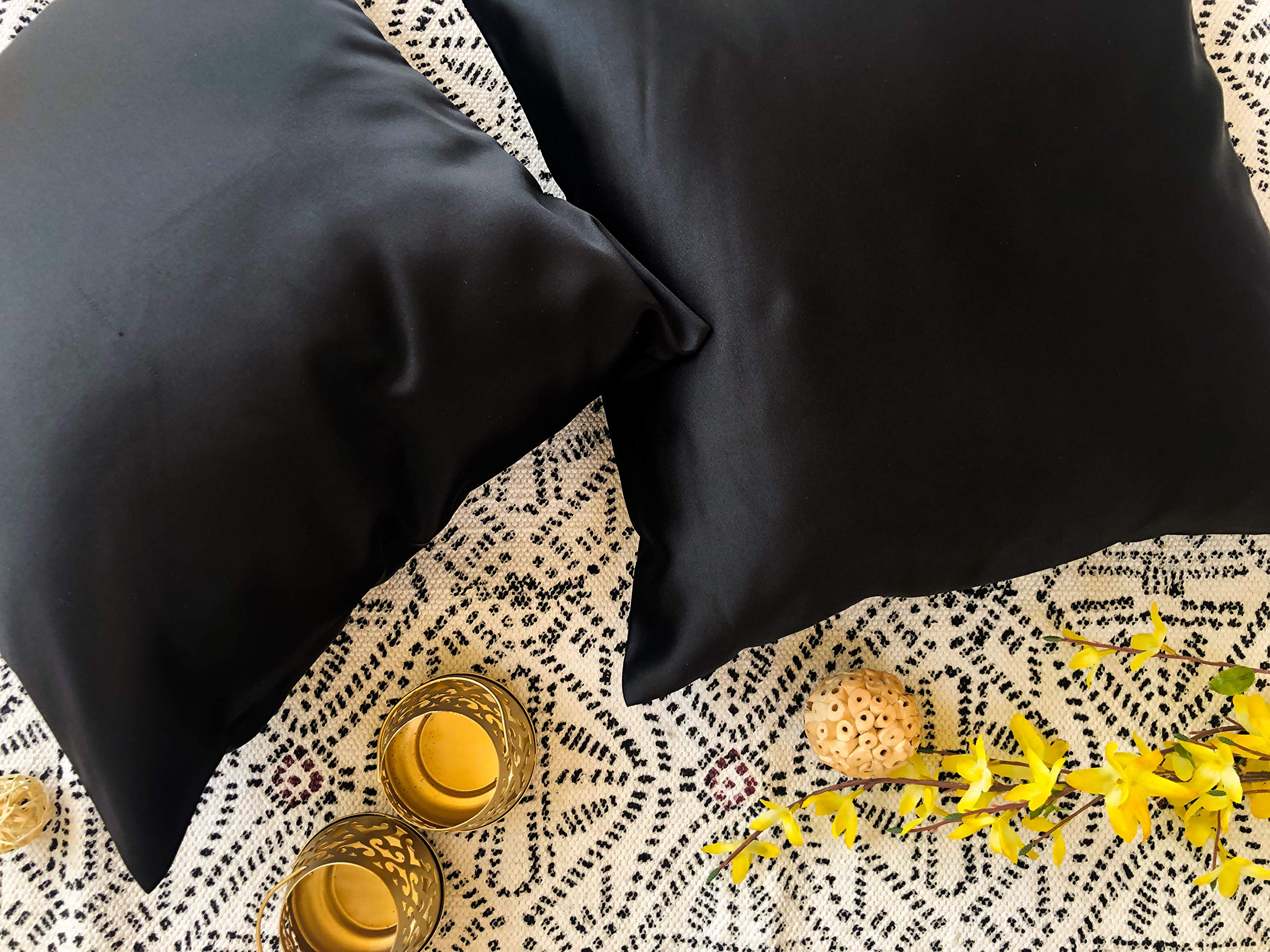 Premium Satin Throw Pillow Covers Set of 2 - 18x18 Inch Black Decorative Cushion Covers with Zipper Closure & Hidden Lining - Luxury Faux Silk Square Pillowcases for Sofa, Bed, Couch, Car - Home Decor & Gift Idea - Soft & Elegant Accent Pillows for Living Room, Bedroom, Office