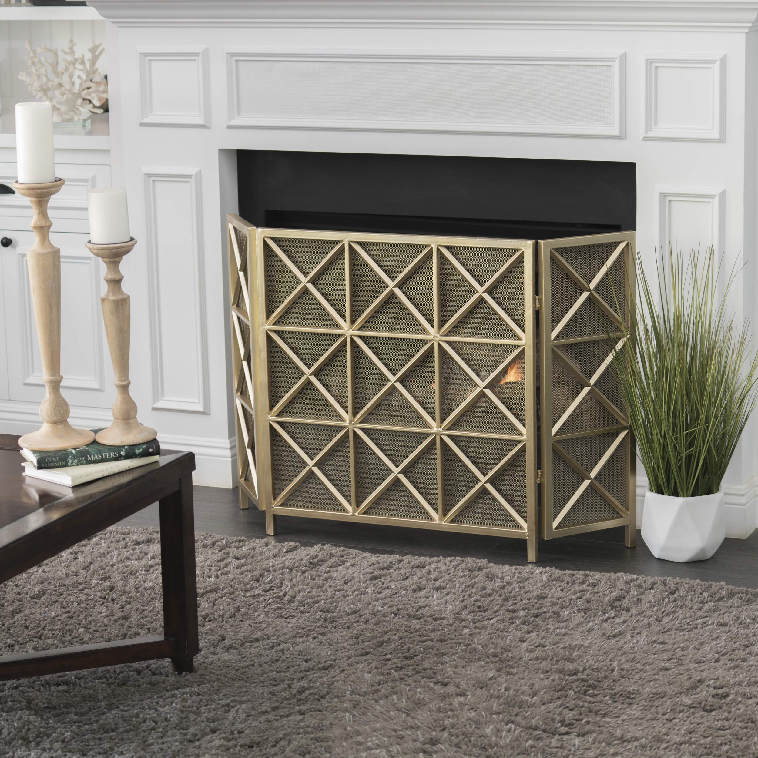 Christopher Knight Home Margaret 3-Panel Iron Fireplace Screen in Gold - Decorative Fireplace Guard for Living Room, Bedroom & Home Safety