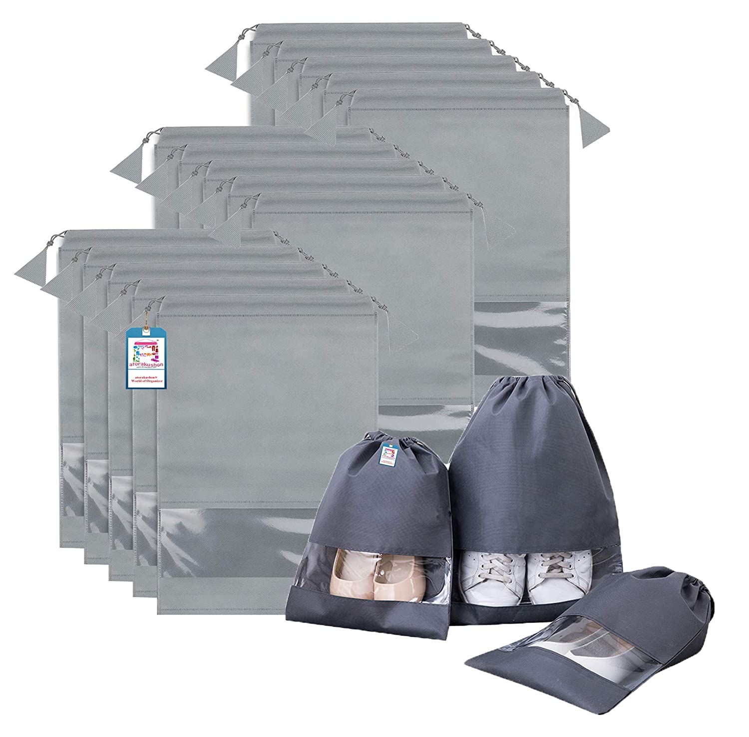24-Piece Non-Woven Shoe Storage Bags - Portable Travel Shoe Covers with Drawstring, Grey - Perfect for Organizing Shoes in Luggage, Gym Bags & Closet Storage