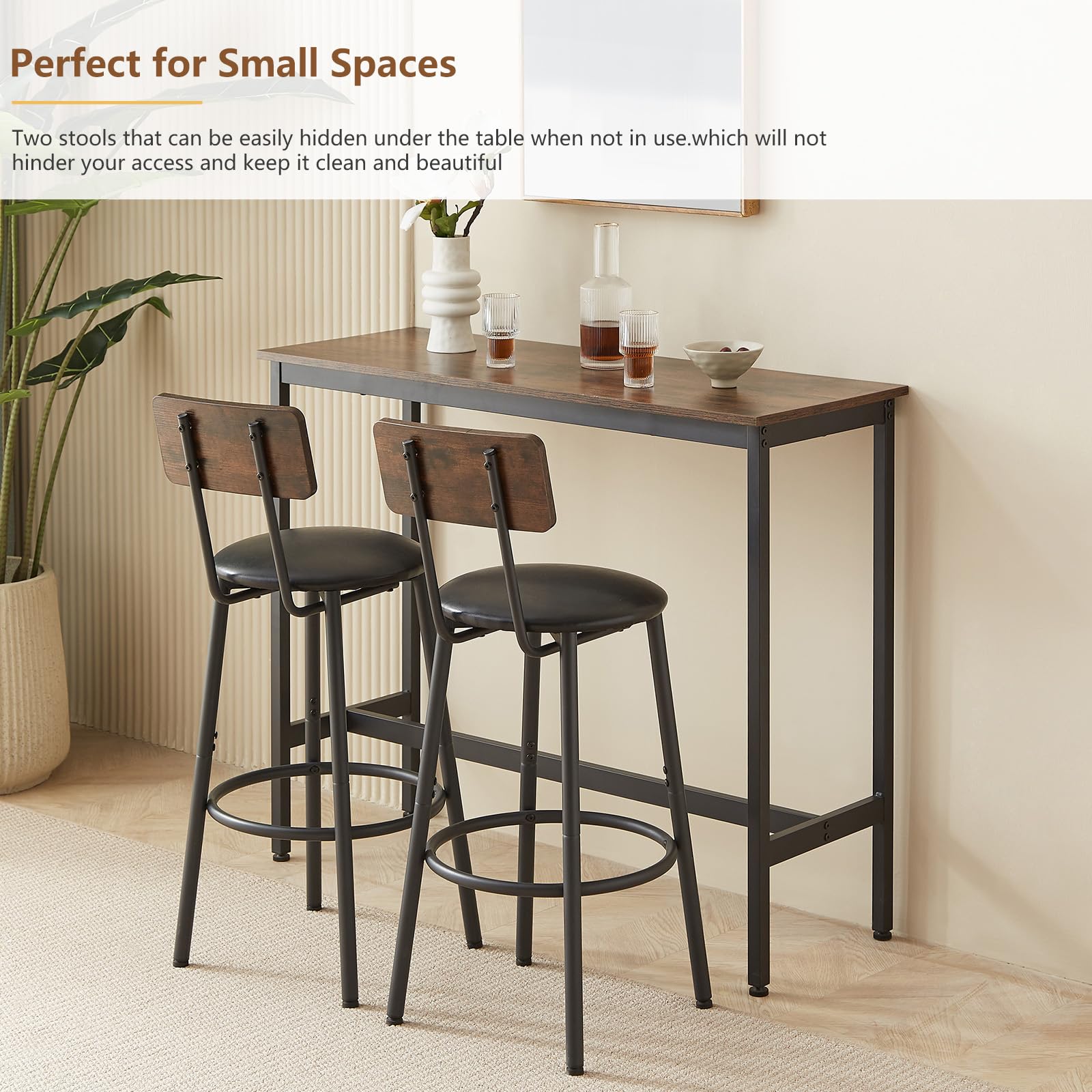 Industrial 3-Piece Bar Table Set with 2 Stools - Tatub Counter Height Small Dining Table & Chairs in Brown | Perfect for Kitchen, Breakfast Nook & Small Space Living