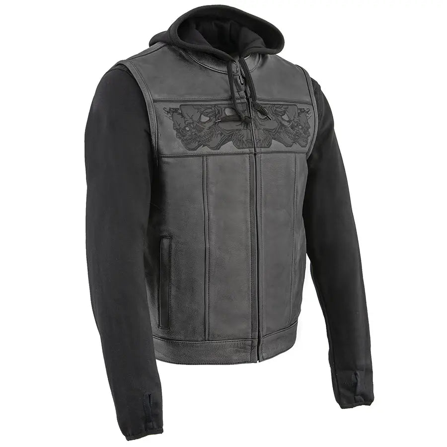 Milwaukee Men's Black Leather Vest with Reflective Skull Design & Hooded Liner - Motorcycle Riding, Biker Jacket for Harley Davidson, Outdoor Adventure Gear