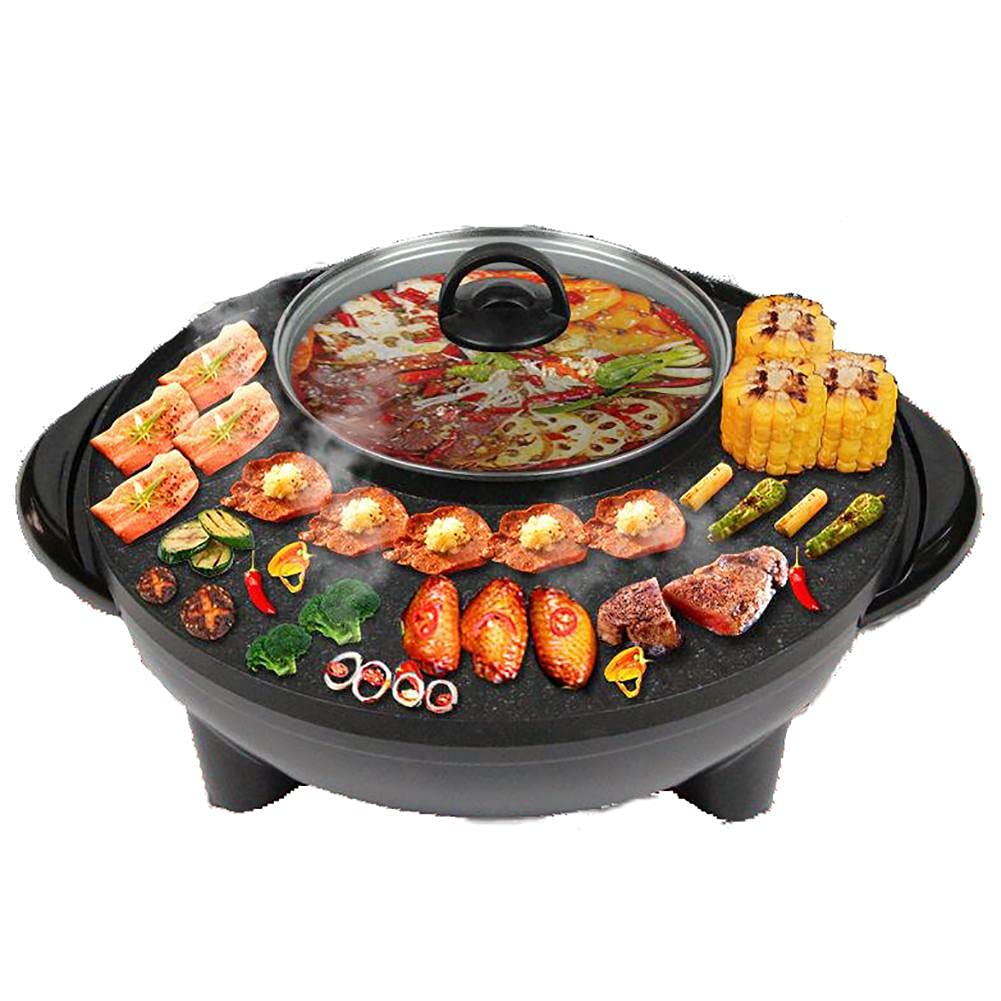 Smokeless Electric Grill & Hot Pot 2-in-1 - Indoor BBQ Grill with Removable Non-Stick Cooking Pot - Multi-Function Electric Cooker for Home, Kitchen, Camping & Picnic - Black Compact Design