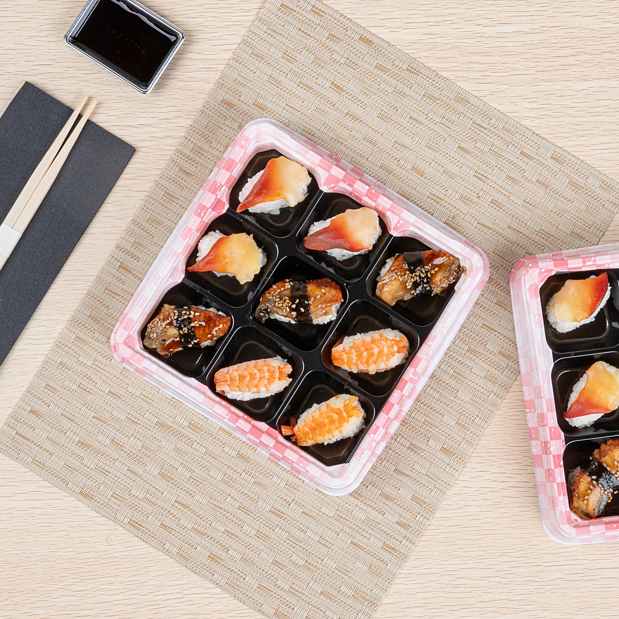 Bento Tek 17 oz Square Pink and Black Plastic Bento Box with 9 Compartments - 8.5