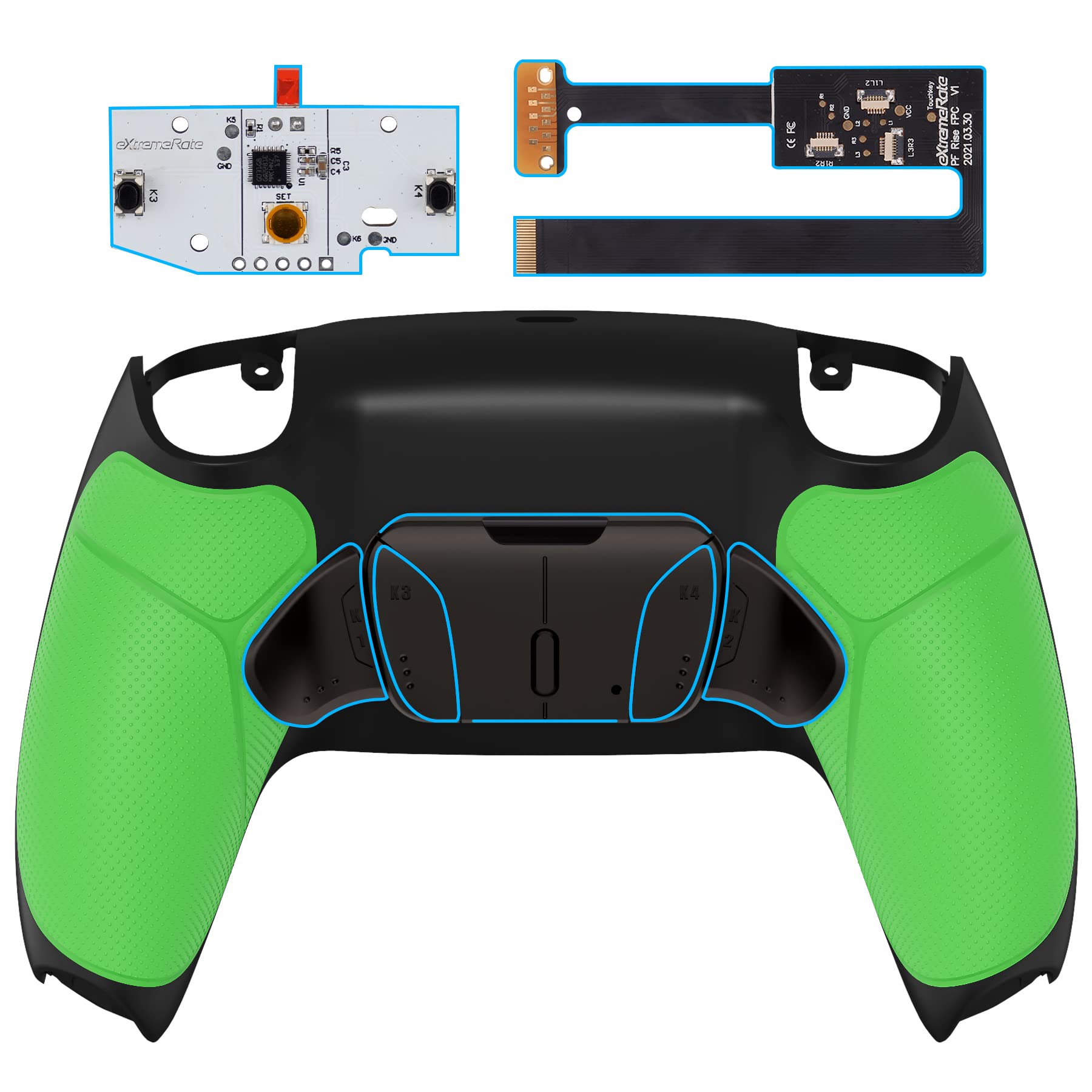 eXtremeRate RISE4 Programmable Remap Kit for PS5 Controller BDM-010/020 - 4 Metal Back Buttons & Grip Cover (Green) | Enhanced Gaming Performance for FPS, Racing & Competitive Play