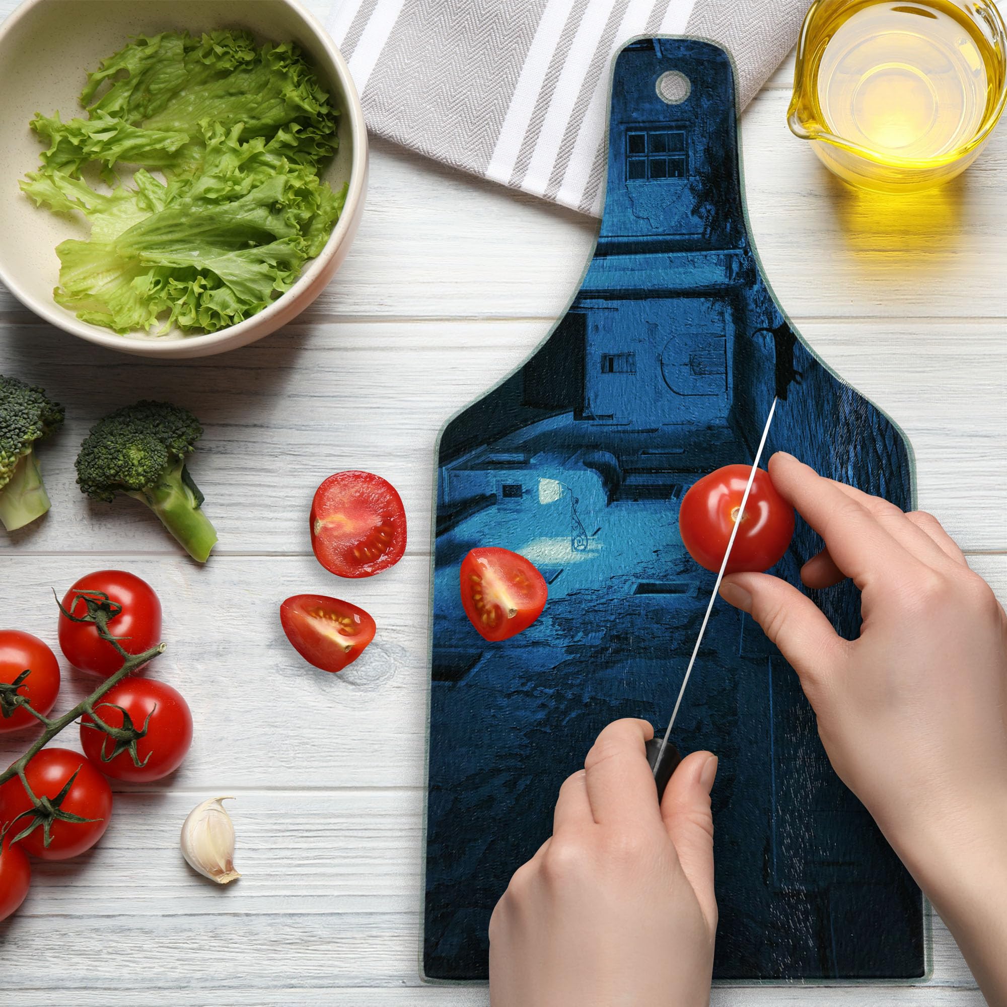 Ambesonne Urban Themed Cutting Board - Black Cat in Deserted European Alley Night Scene, Tempered Glass Serving Board for Kitchen & Entertaining, Wine Bottle Shape in Blue, Black & White - Perfect for Cheese Platters, Charcuterie & Wine Pairings