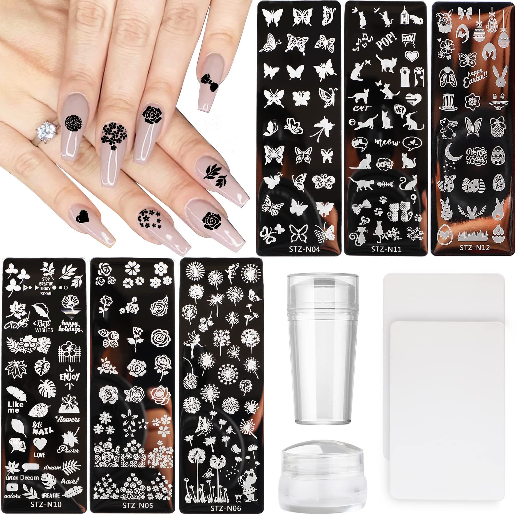 10Pcs Nail Stamp Plate Kit with 6Pcs Nail Art Templates, 2 Stampers & 2 Scrapers - Animal Flower Leaf Design Nail Art Plates for Women & Kids - Perfect for DIY Manicures, Nail Salon Decorations & Party Nail Art Designs
