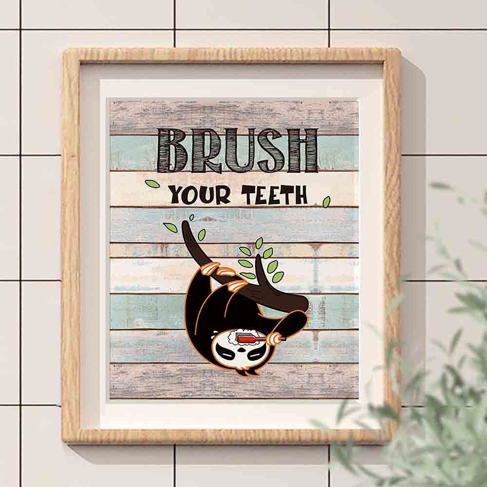 Sloth Wall Art Decor - 4 Set 8”x10” Unframed Rustic Bathroom Posters for Kids & Sloth Lovers - Inspirational Wash Brush Flush Nursery Decor - Perfect for Bathrooms, Playrooms & Kids' Bedrooms