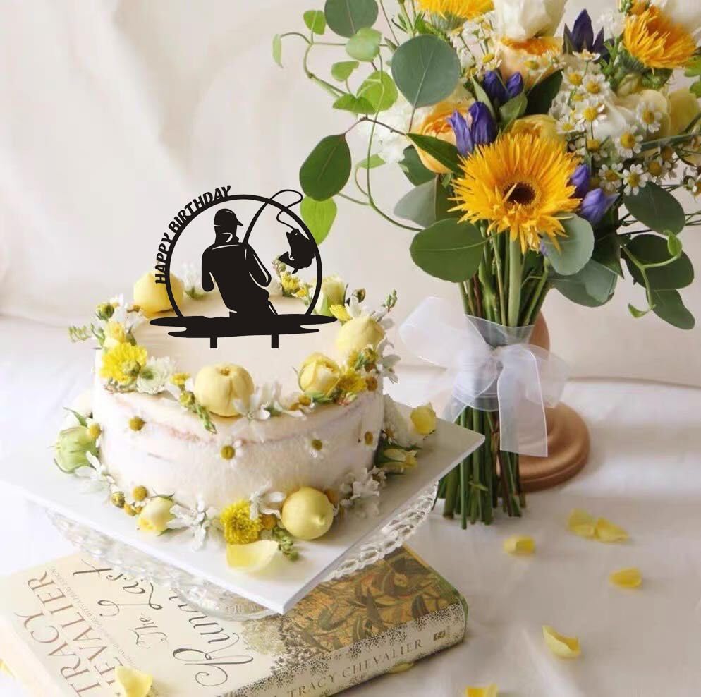 Funny Fishing Happy Birthday Cake Topper - Fisherman Birthday Party Decorations for Outdoor Gone Fishing Themed Parties - Perfect for Boys and Girls Birthday Celebrations | Great for Fishing Enthusiasts, Outdoor BBQs, and Themed Birthday Parties