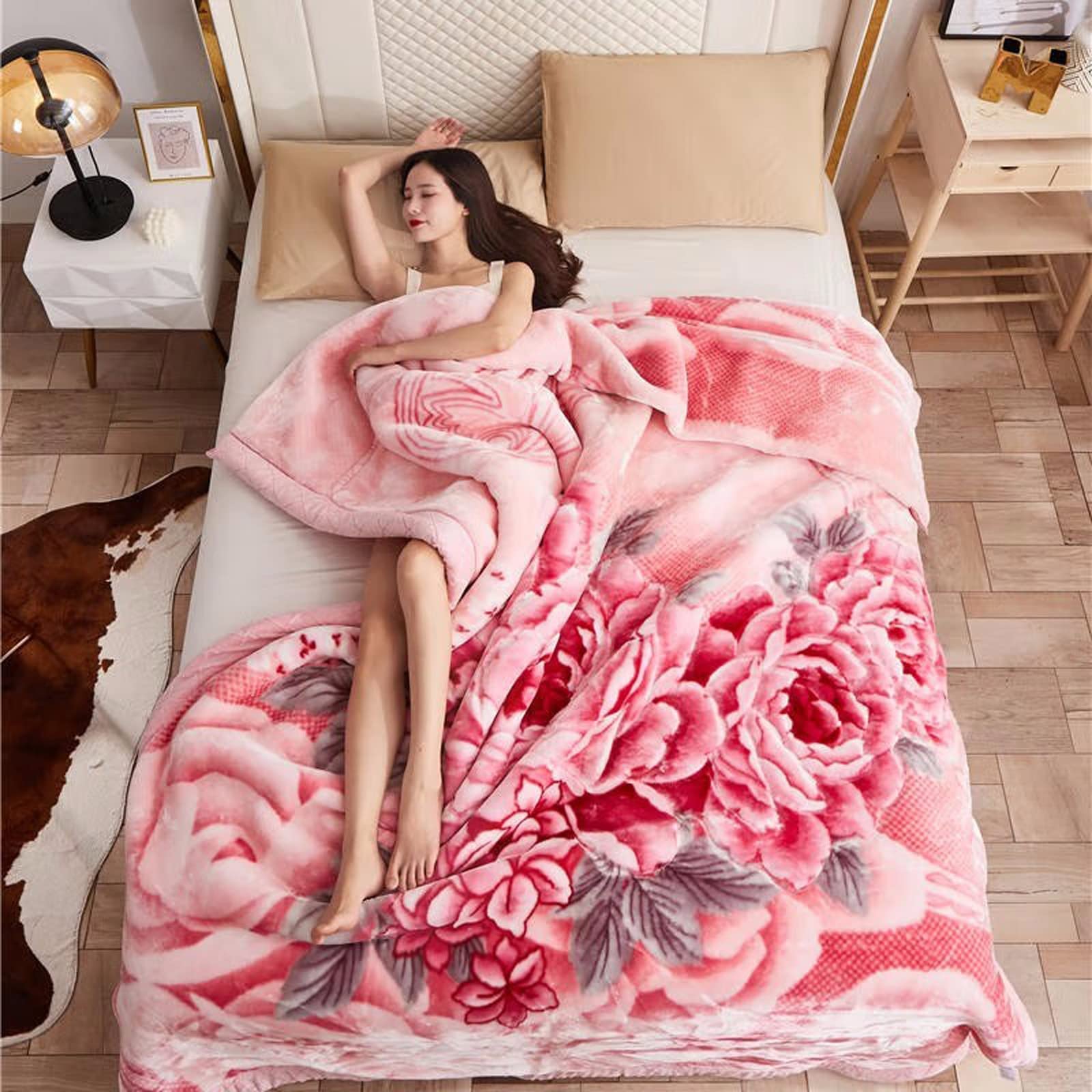 Premium Korean Mink Fleece Blanket - Ultra Soft 2-Ply Plush Horse & Sakura Design in Orange - King Size Winter Blanket for Bed, Couch & Gift Giving