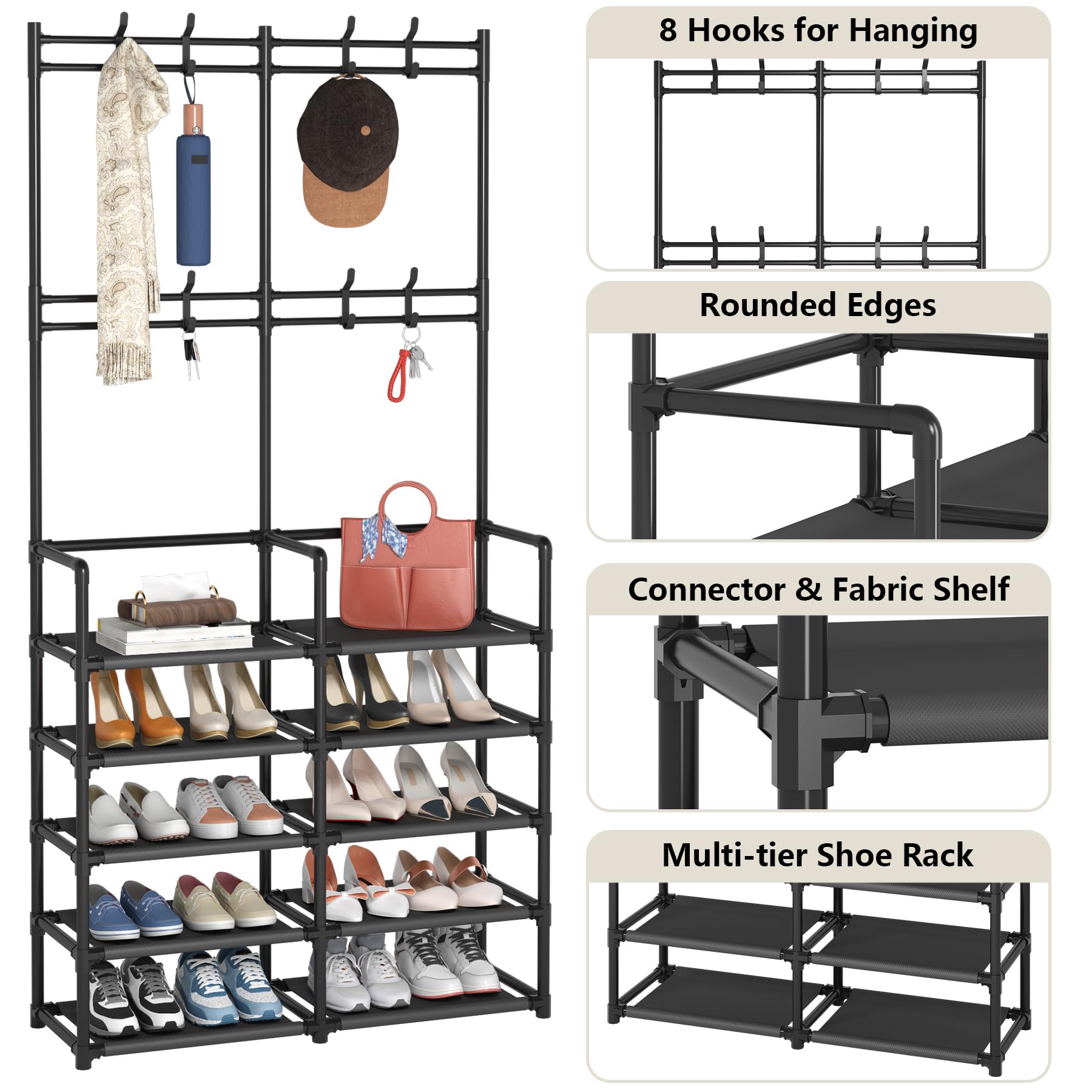 Laiensia 5-Tier Entryway Coat Rack with Shoe Storage & 8 Hooks - Space Saving Hallway Organizer Bench for Jackets, Bags, Shoes - Perfect for Bedroom, Office, Living Room & Small Apartment Entryway Organization