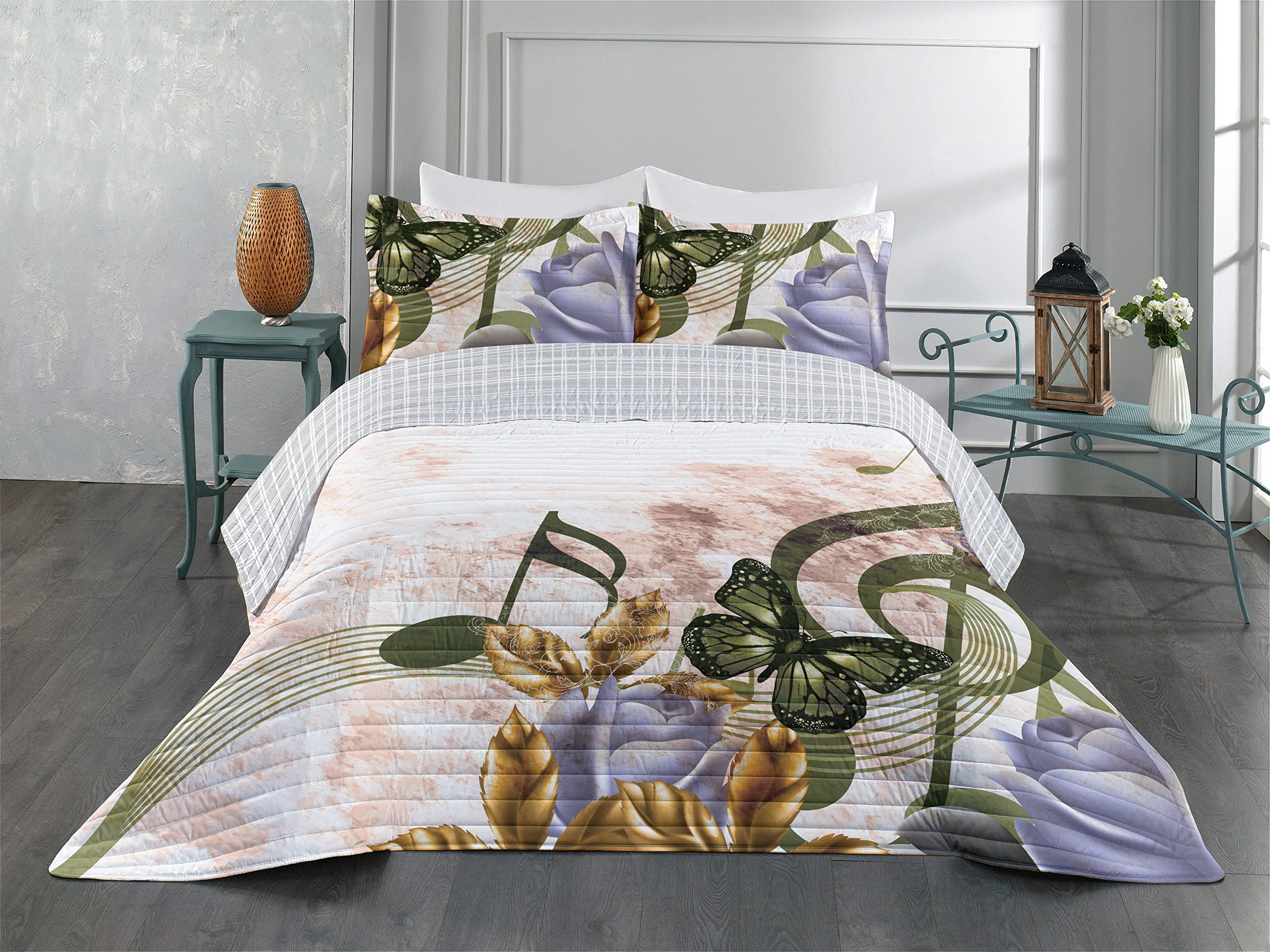 Ambesonne Reversible Bedspread Set with Music Roses Floral Design - Victorian Classic Bridal Microfiber Bedding Set Includes Pillow Shams & Comforter - Queen Size Charcoal Grey - Perfect for Romantic Bedroom Decor, Guest Rooms & Vintage-Themed Weddings