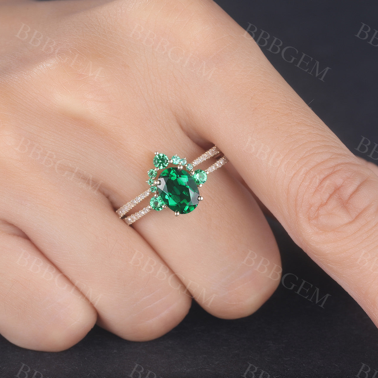 Vintage Emerald Bridal Ring Set - 14K Yellow Gold Three Stone Oval Cut Emerald Engagement Ring for Women - Perfect for Weddings, Anniversaries & Special Occasions