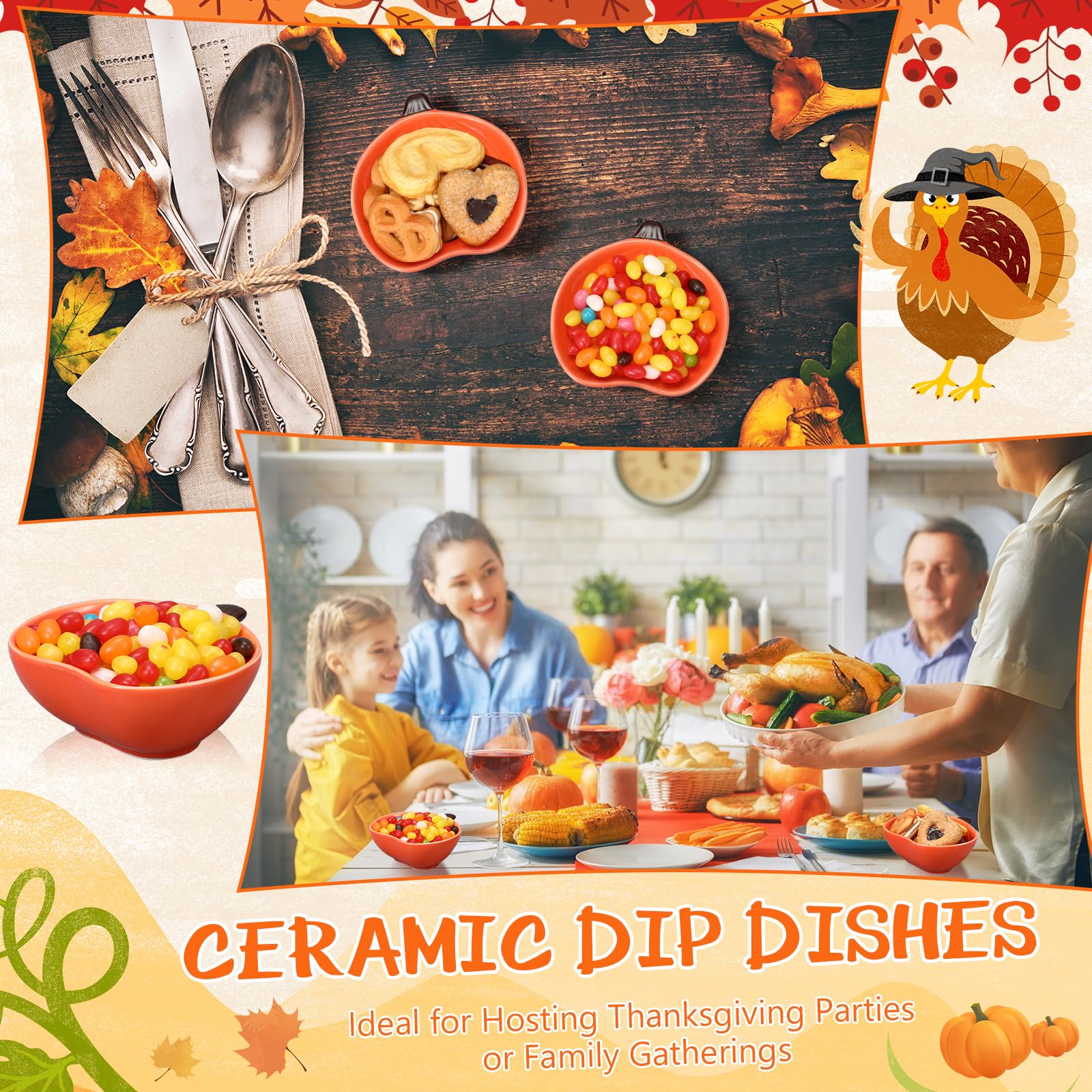 4 Pcs 6 oz Pumpkin-Shaped Ceramic Ramekins - Oven Safe Small Baking Dishes for Dips, Sauces, Snacks & Condiments | Perfect for Thanksgiving, Fall Parties, Kitchen Serving & Dessert Presentation