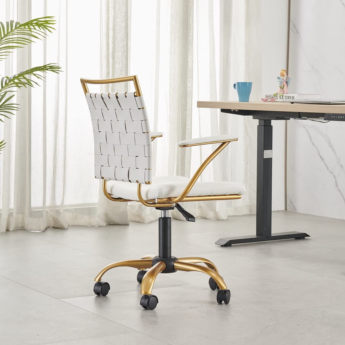 Modern White and Gold Ergonomic Office Chair - Adjustable Height, PU Leather, Armrests - Perfect for Home Office, Study & Gaming Desks (3013 Gold White)
