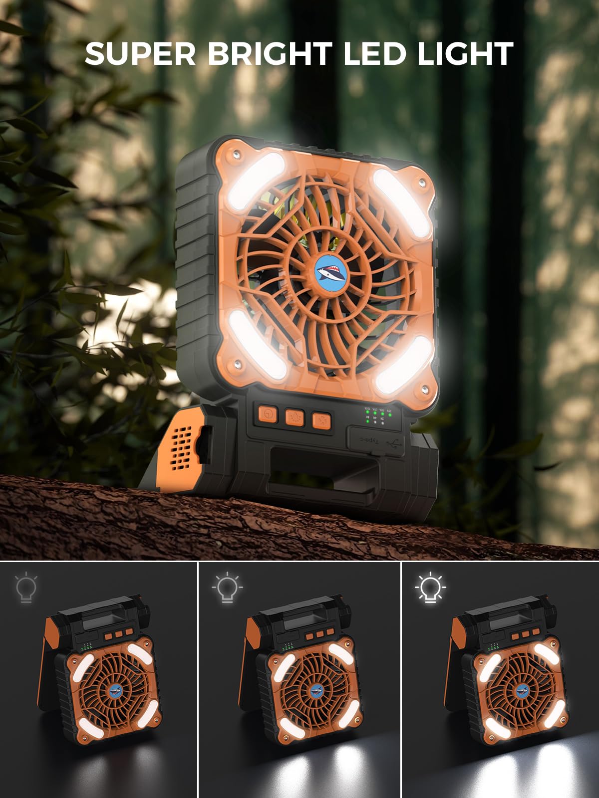 Smiling Shark Portable Camping Fan with LED Lantern - 4 Speed Adjustable, 6000mAh Solar Rechargeable Battery, 90° Foldable Design, Power Bank Function & 3 Timer Settings - Perfect for Camping, Fishing, Hiking, Tent Use, Outdoor Adventures and Emergency Lighting