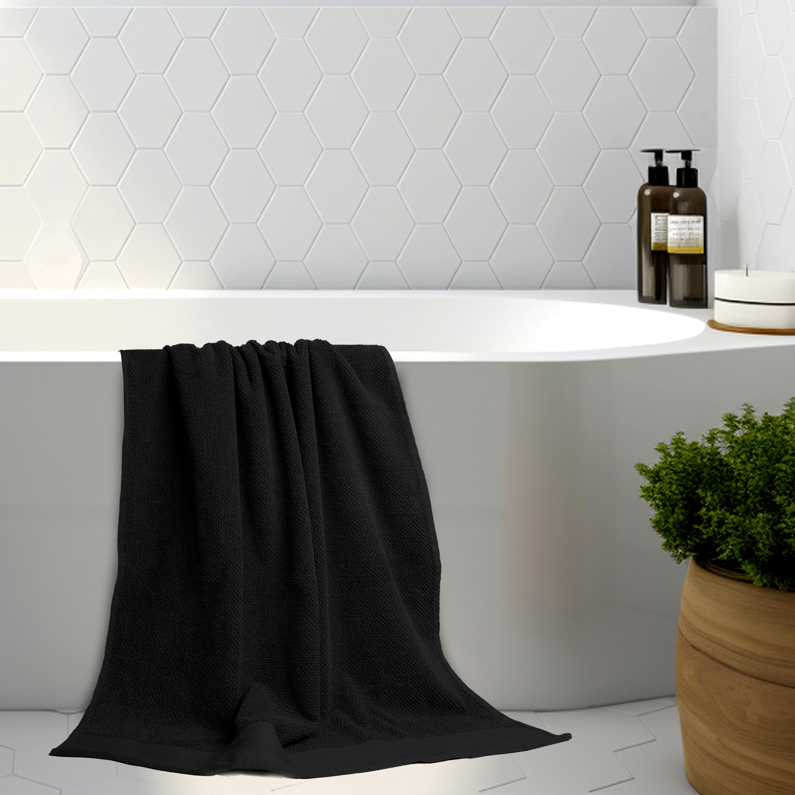 Premium 8-Piece Popcorn Textured Luxury Towel Set - 2 Extra Large Bath Towels, 2 Hand Towels, 4 Washcloths | 100% Cotton Plush Hotel Quality Super Absorbent | Perfect for Bathroom, Spa & Guest Use (Black)
