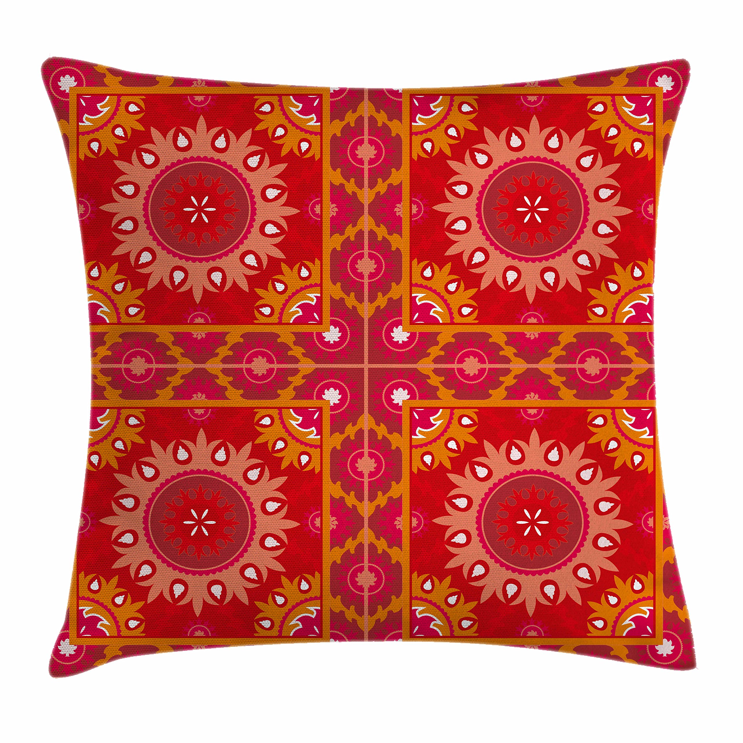 Ambesonne Red Mandala Decorative Throw Pillow Cover 26x26 Inch - Oriental Inspired Symmetric Tile Design, Multicolor Square Accent Cushion Case for Living Room, Bedroom & Home Decor
