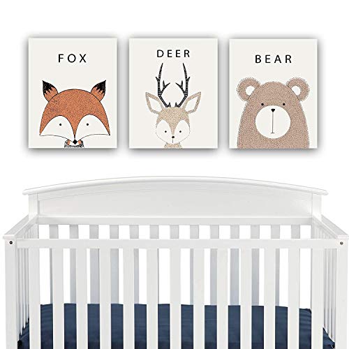 Woodland Creatures Nursery Decor CANVAS Wall Art - Fox, Deer, Bear | Forest Animal Themed Baby Room Decor | Perfect for Nursery, Kids Room & Playroom