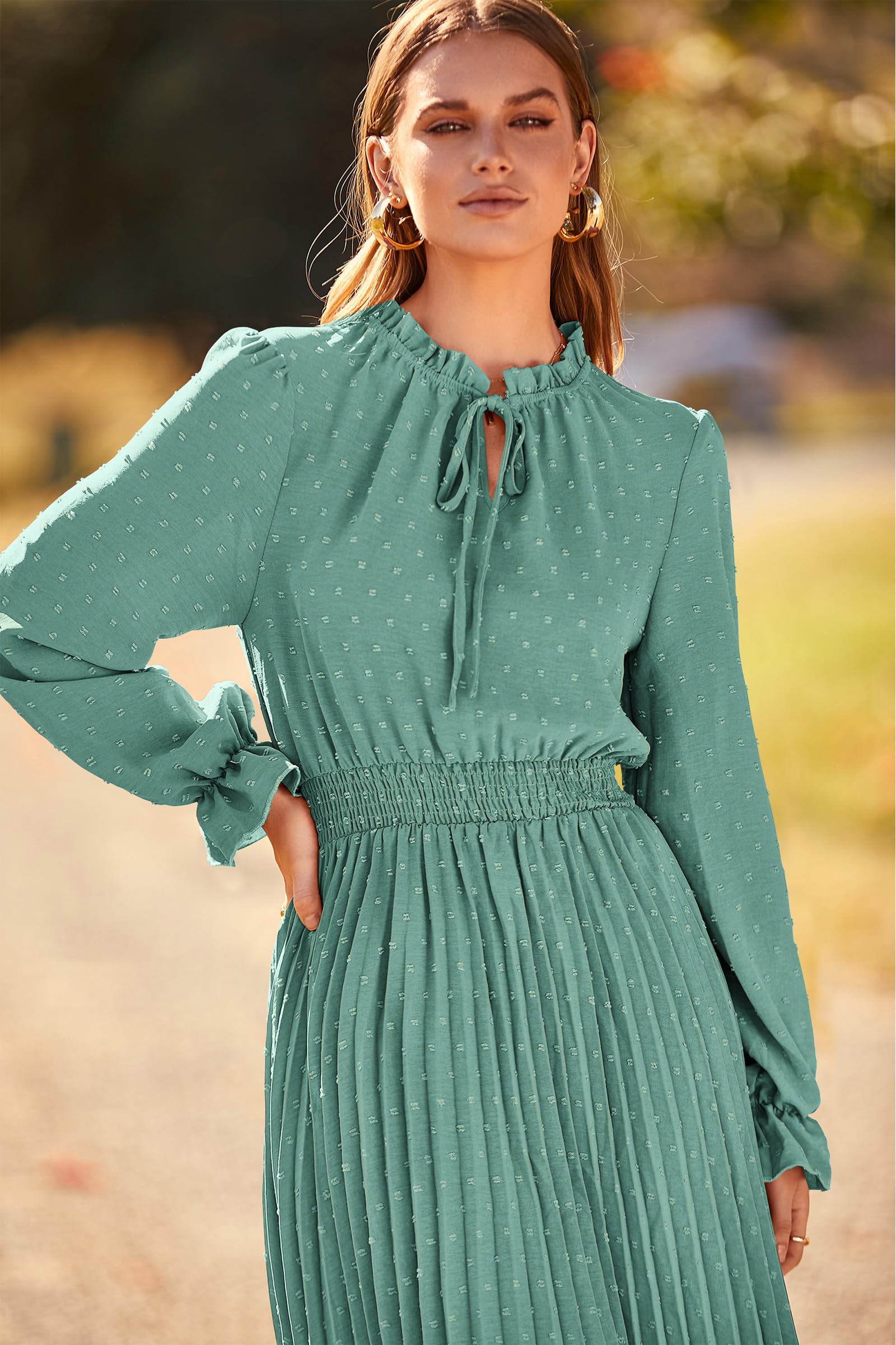 PRETTYGARDEN Women's 2025 Spring Fall Midi Dress - Long Sleeve V-Neck Swiss Dot Pleated A-Line Flowy Casual Dress for Work, Party & Date Night | Elegant Office Wear & Special Occasion Outfit