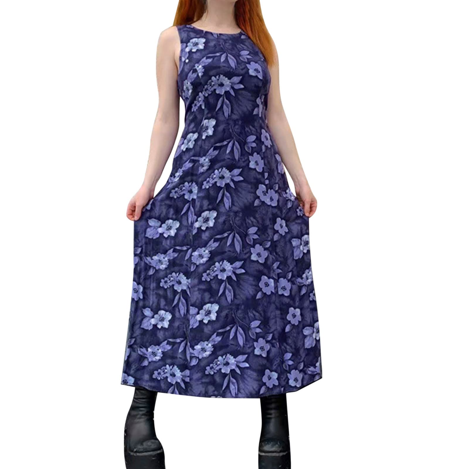 Women's Summer Sleeveless Maxi Dress - Floral Print Casual Long Dress with Crew Neck | Perfect for Beach, Wedding Guest & Vacation Outfits