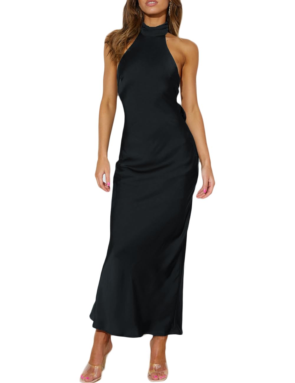 Phicia Women's Sexy Satin Halter Neck Backless Maxi Dress - Elegant Tie Cowl Back Formal Gown for Wedding Guest, Party & Summer Occasions
