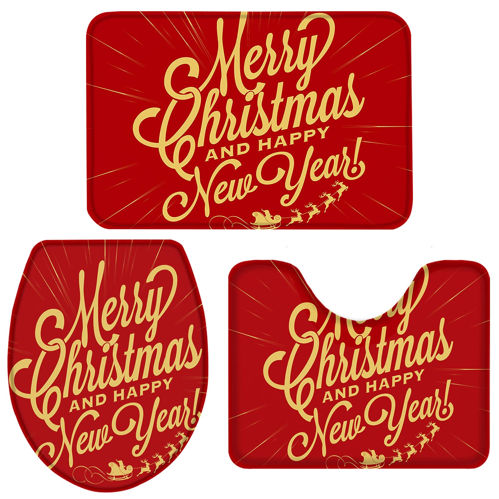 3 Piece Non-Slip Bathroom Rugs Set - Christmas Santa Claus Reindeer Themed Red Bath Mat, U-Shape Toilet Mat & Lid Cover - Super Absorbent Bath Mats for Bathroom, Tub & Shower - Perfect Holiday Gift & Home Decor (Large Size)