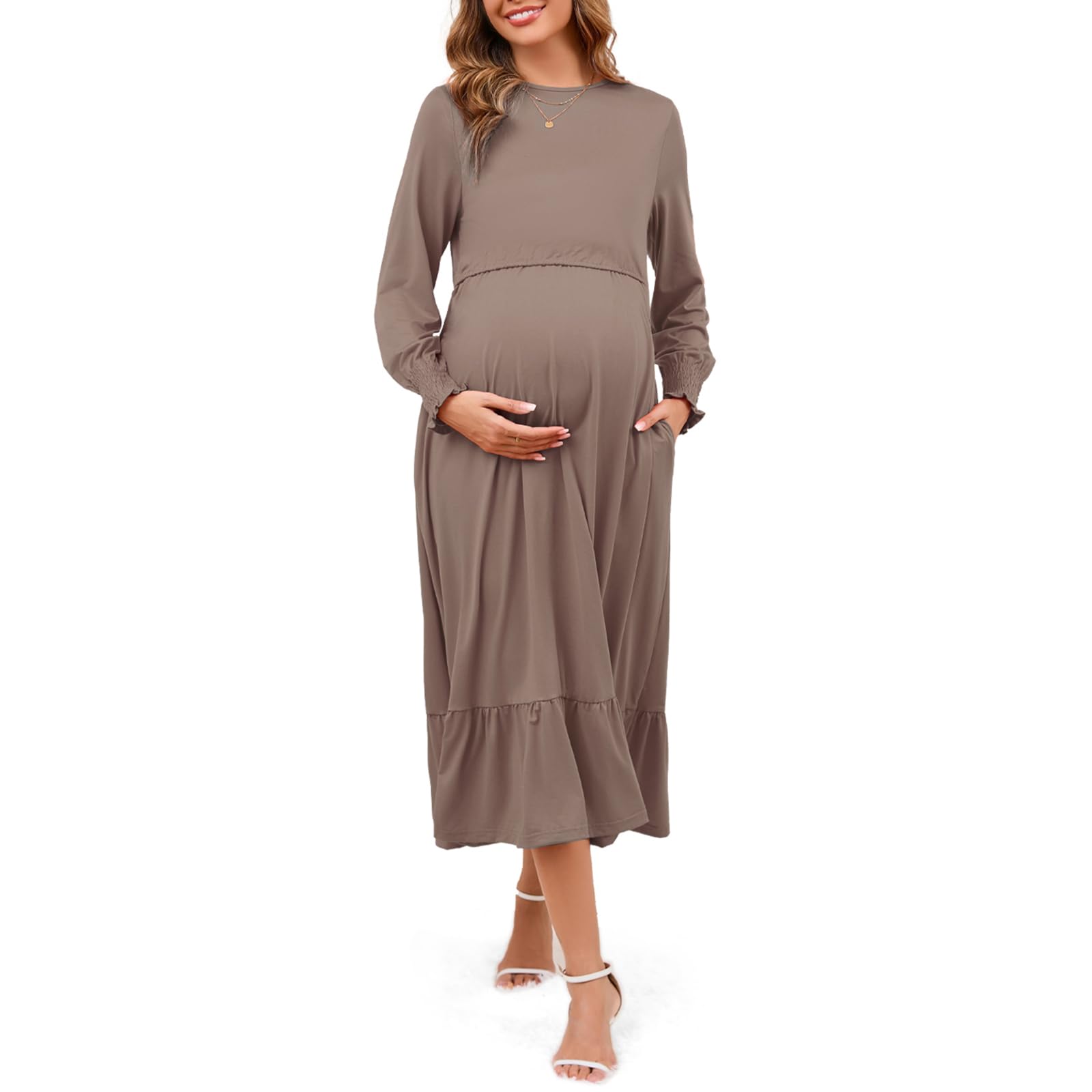 Maternity Nursing Dress for Women - Long Sleeve Crewneck Breastfeeding Dress with Pockets | Comfortable & Flowy Tiered Design for Nursing Moms | Perfect for Work, Outings & Everyday Wear