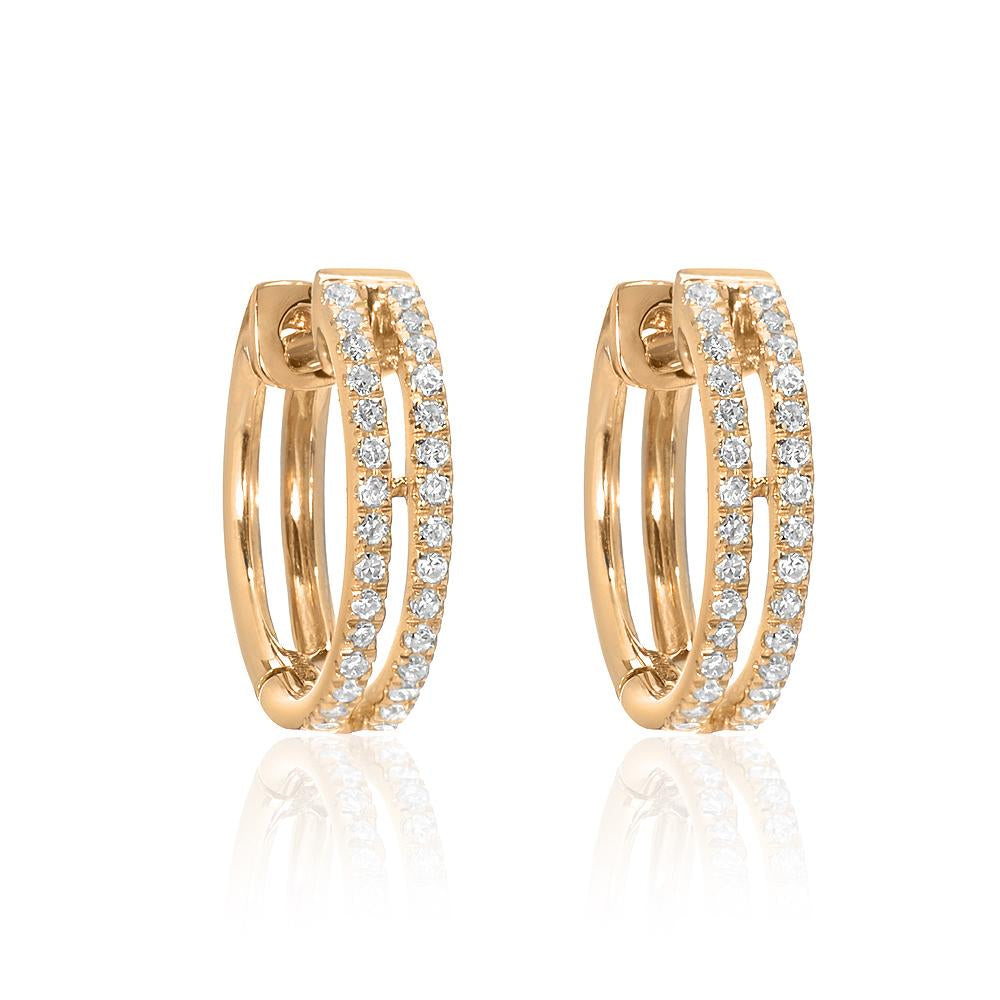 14K Gold Diamond Double Row Huggie Earrings 8.5mm - Elegant Everyday Wear for Women, Perfect for Work, Date Night & Special Occasions