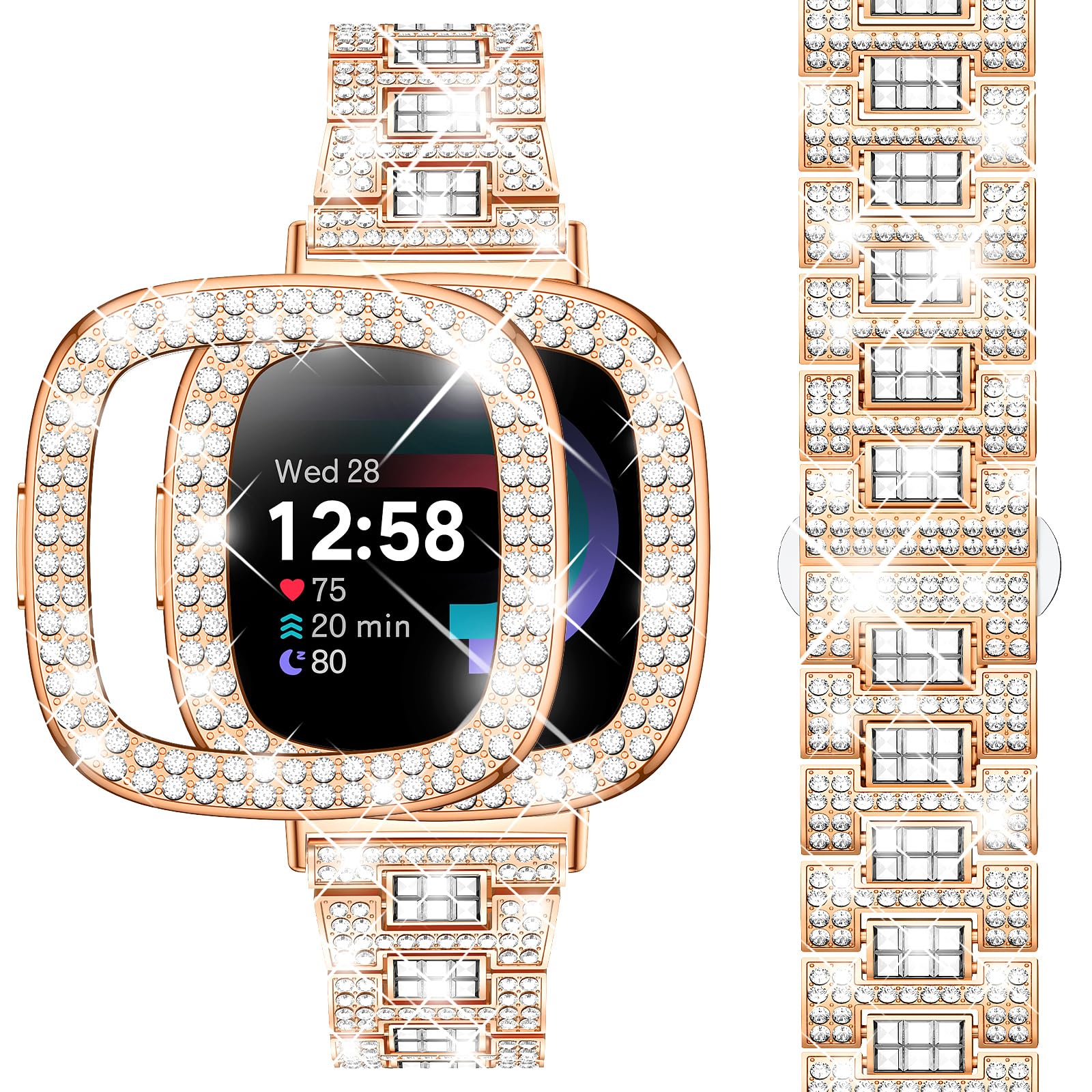 Dsytom Bling Stylish Watch Band Compatible with Fitbit Versa 4/3, Sense 2/1 - Rhinestone Decorative Strap with Protective Case for Women - Perfect for Workouts, Parties & Daily Fashion Accessories