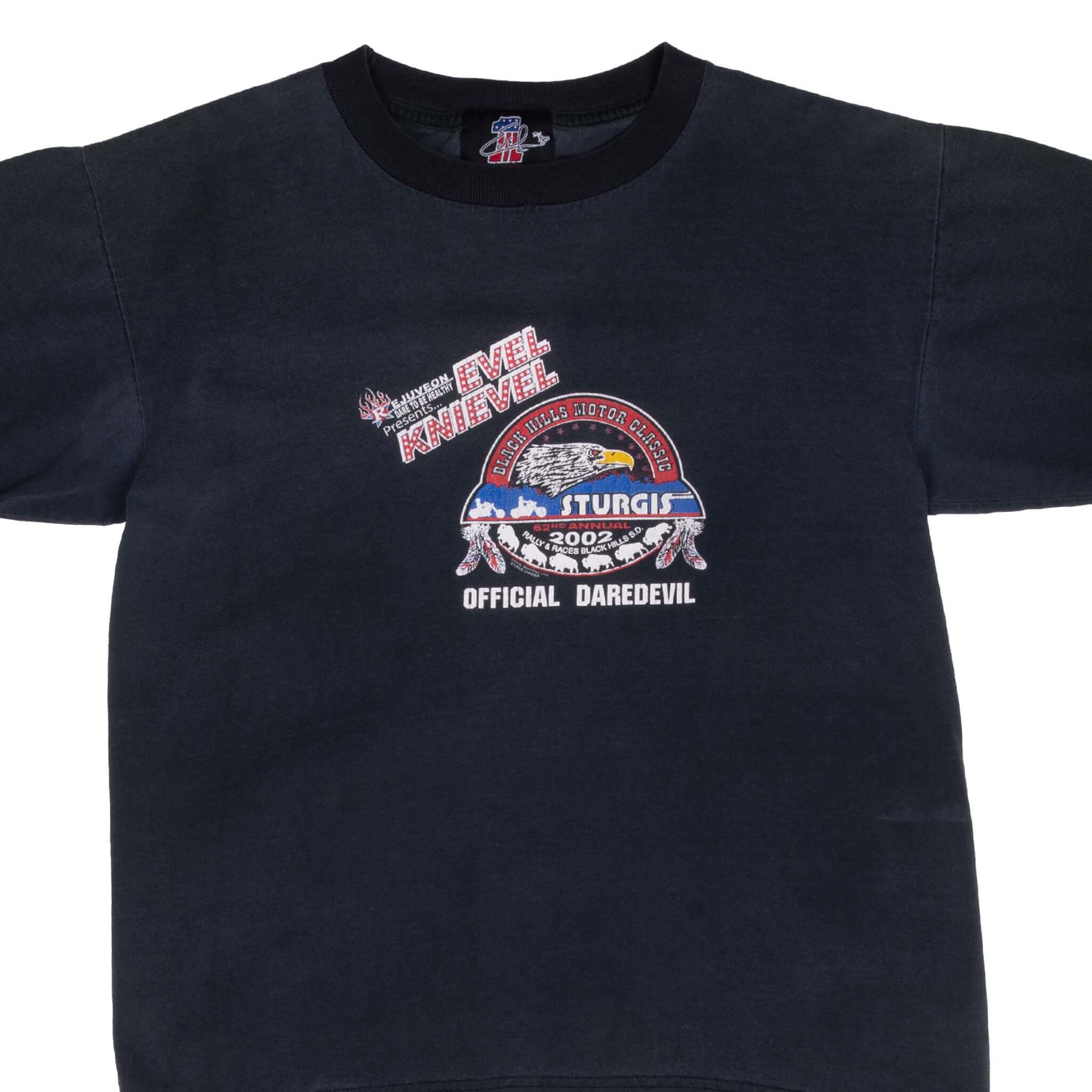 Vintage Biker Sturgis Rally Evel Knievel 2002 T-Shirt - Medium Size, Made in USA - Perfect for Motorcycle Rides, Biker Events & Retro Fashion