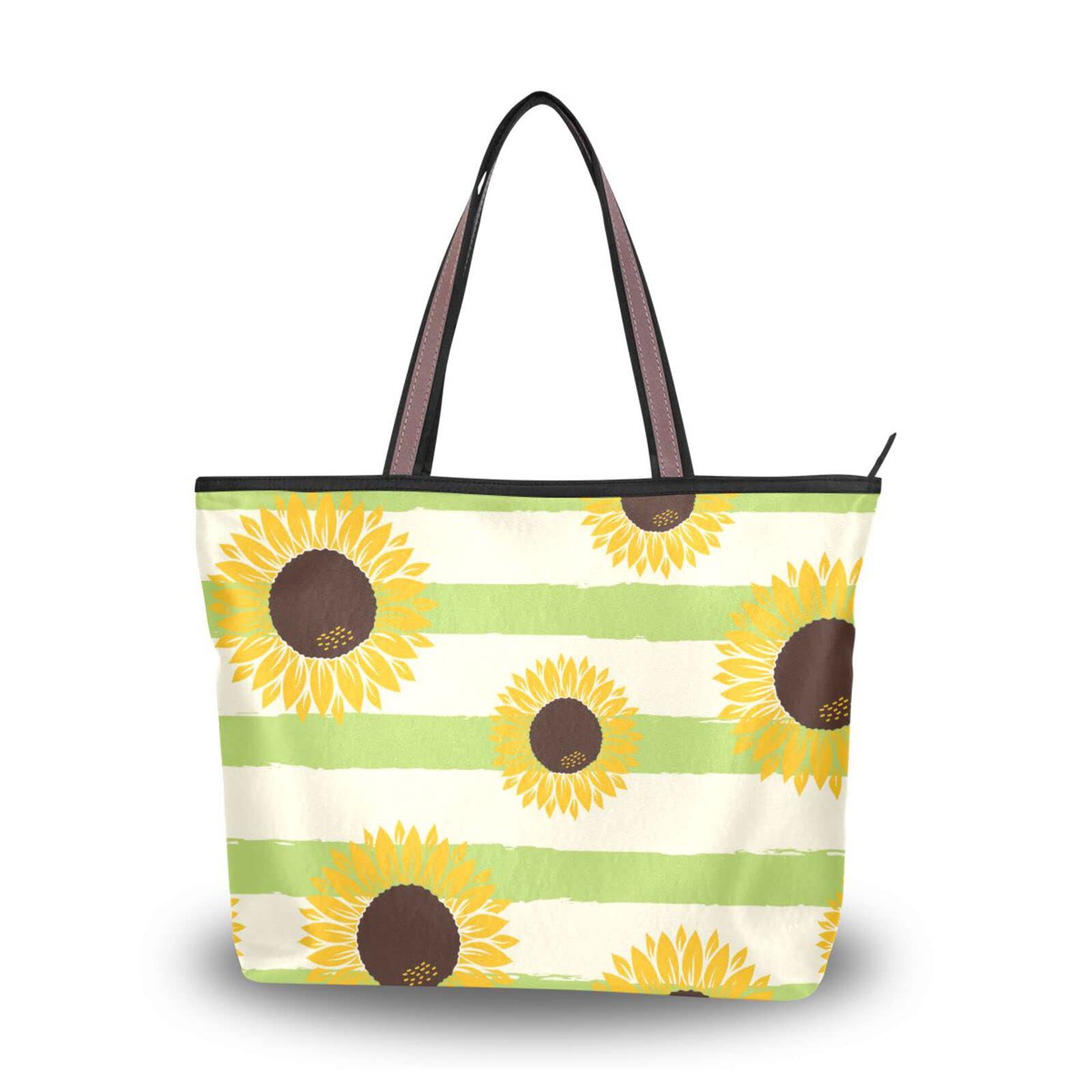 Sunflower Stripe Tote Bag with Zipper - Large Capacity Women's Grocery Bag for Daily Use, Work & Shopping (2 Size Options) | Aesthetic Reusable Shopping Purse for Women