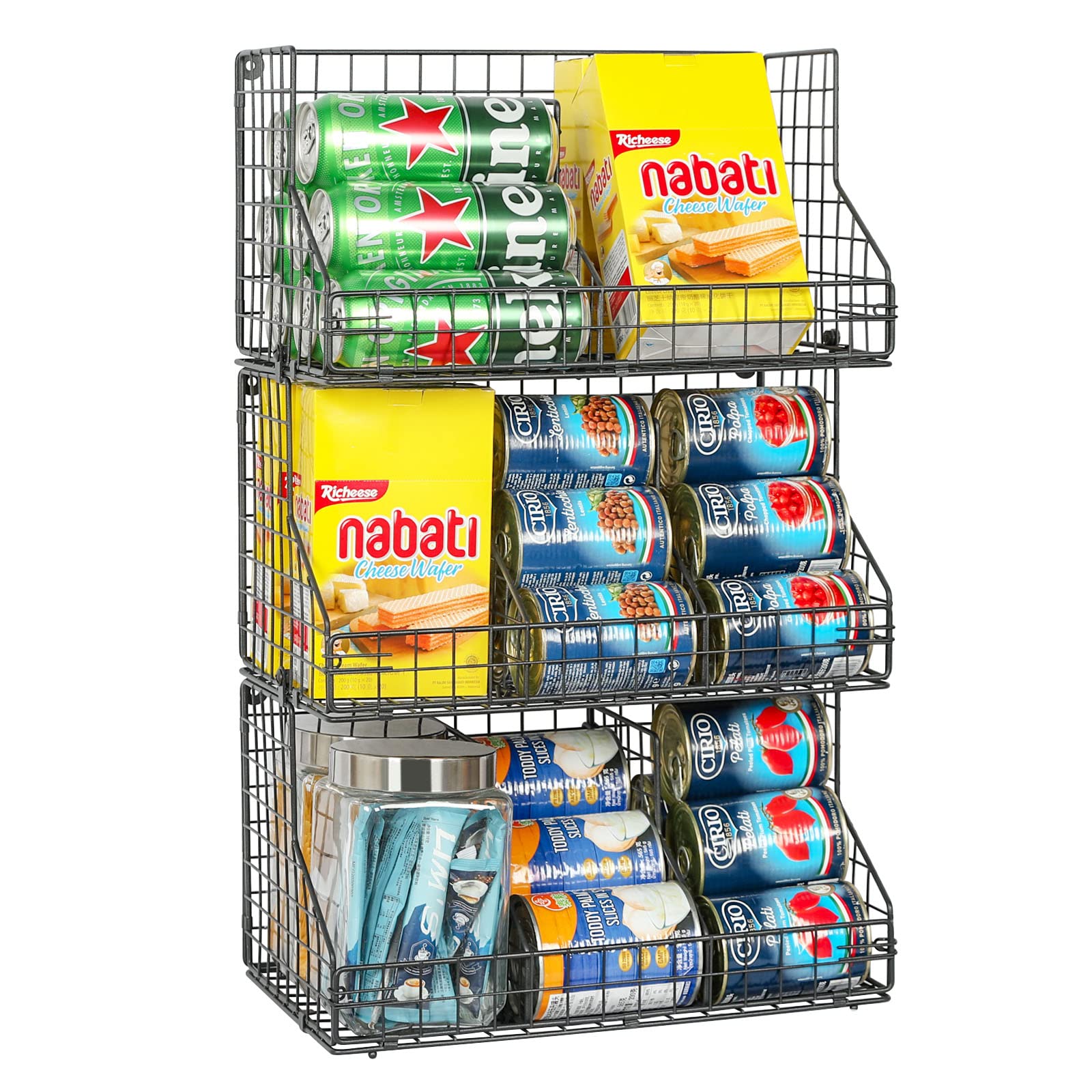 X-cosrack 3-Tier Large Stackable Wire Baskets for Pantry Organization - 5 Removable Dividers for Snacks, Spices & Canned Food Storage - Space-Saving Kitchen & Closet Organizer (Black) - Perfect for Pantry Shelves, Countertops & Under Cabinet Storage