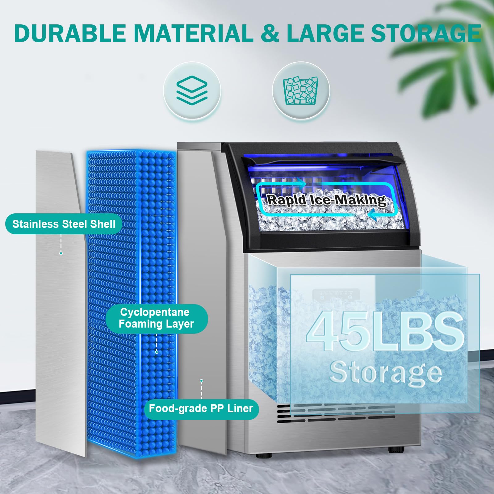 Commercial Ice Maker Machine 150lbs/24H with 45Lbs Storage Bin - Fast 8-Minute Ice Production, Freestanding Countertop Ice Machine for Home, Bar, Office, Restaurant - Perfect for Cocktails, Beverages & Food Preservation