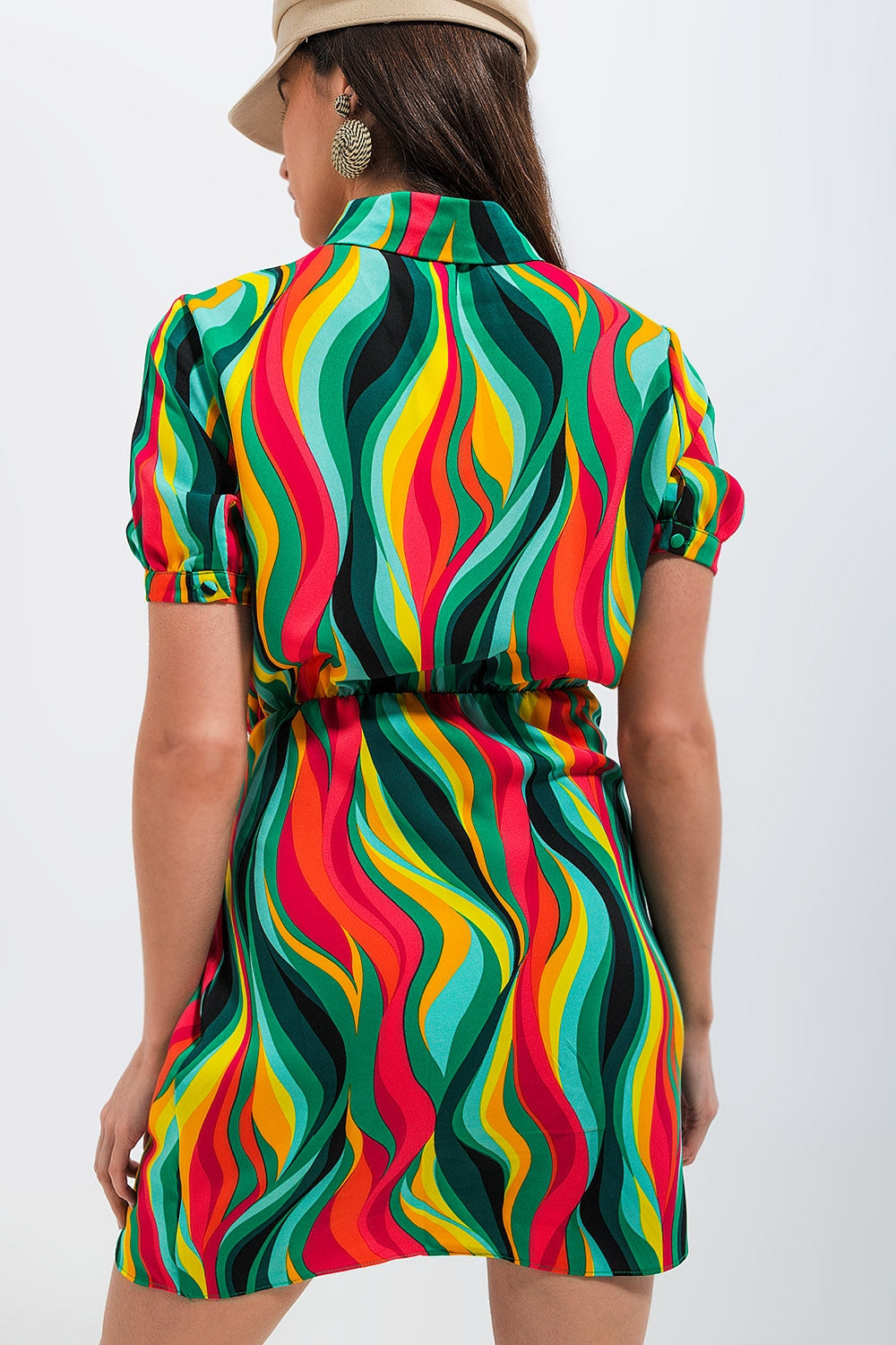 Green Swirl Print Short Wallet Shirt Dress for Women | Casual Summer Outfit & Beach Cover-Up