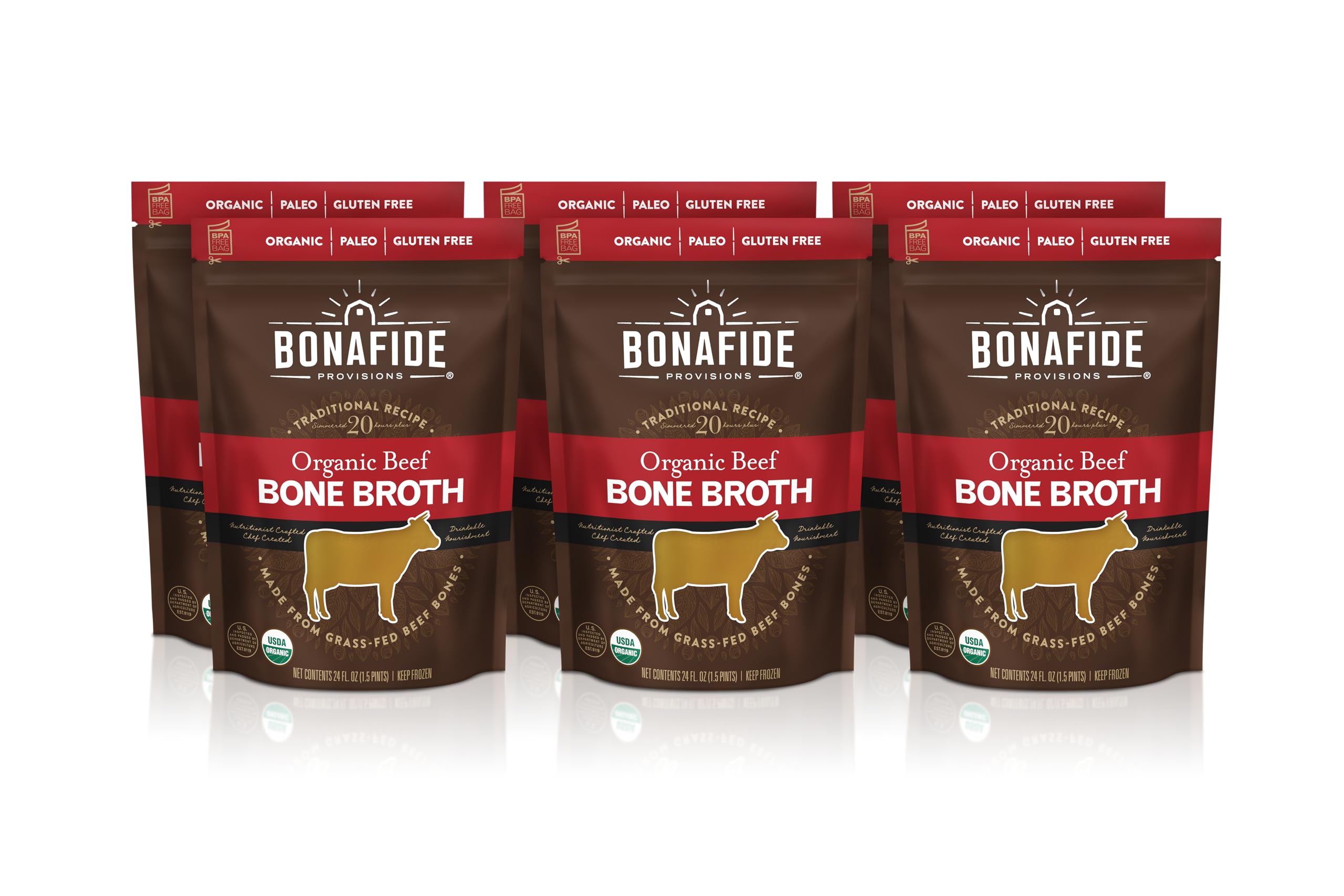 Organic Grass-Fed Beef Bone Broth - Paleo & Keto Friendly, Gluten-Free, 24 fl oz (Pack of 6) - Perfect for Soups, Stews, and Healthy Sipping - Bonafide Provisions Frozen Bone Broth