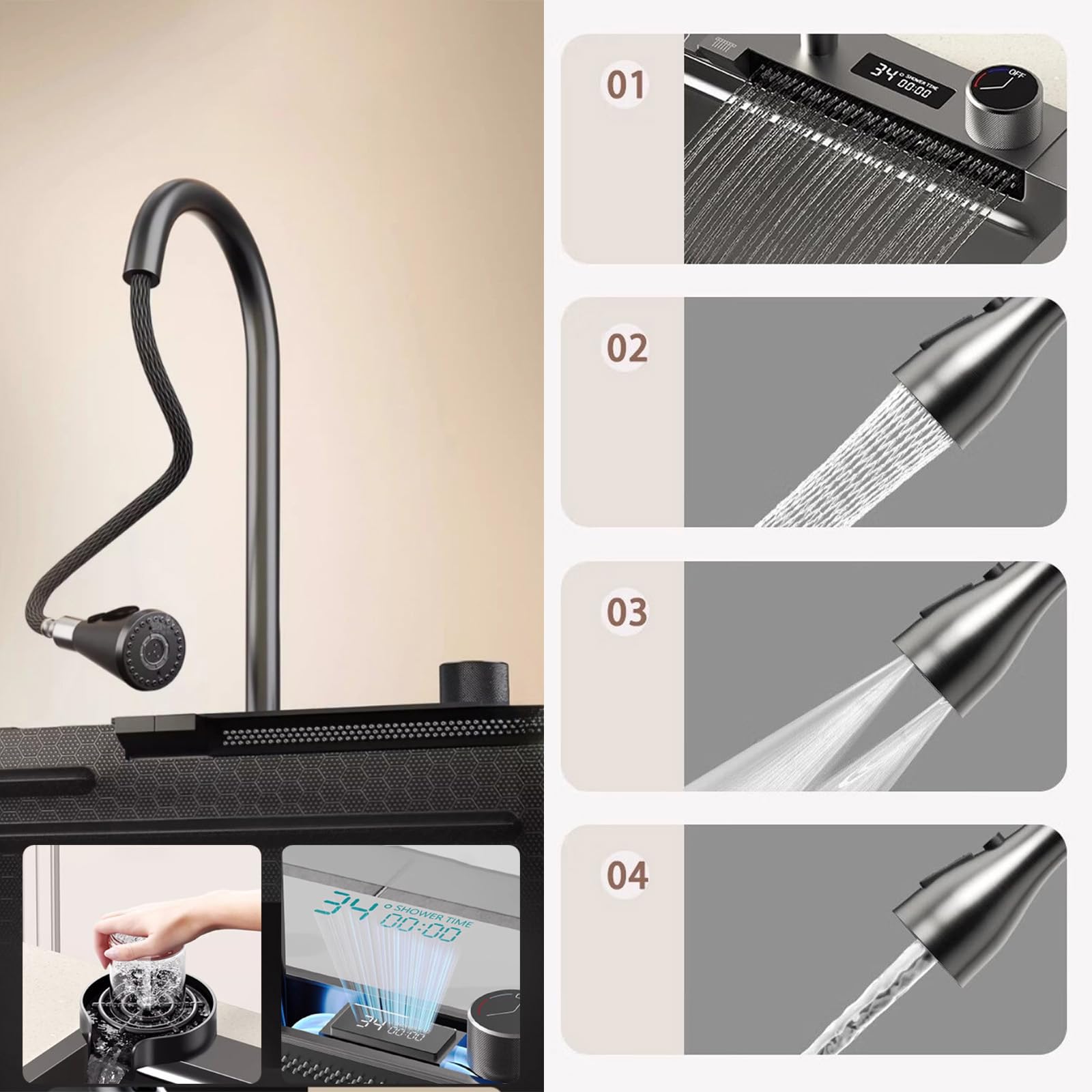 Smart Digital Drop-in Kitchen Sink with Pull-Out Waterfall Faucet - 304 Stainless Steel Modern Design with Nano Workstation, Cup Washer & Knife Holder (31.5×17.7 Inch) - Perfect for Modern Kitchens, Restaurant Prep Areas & Luxury Home Renovations