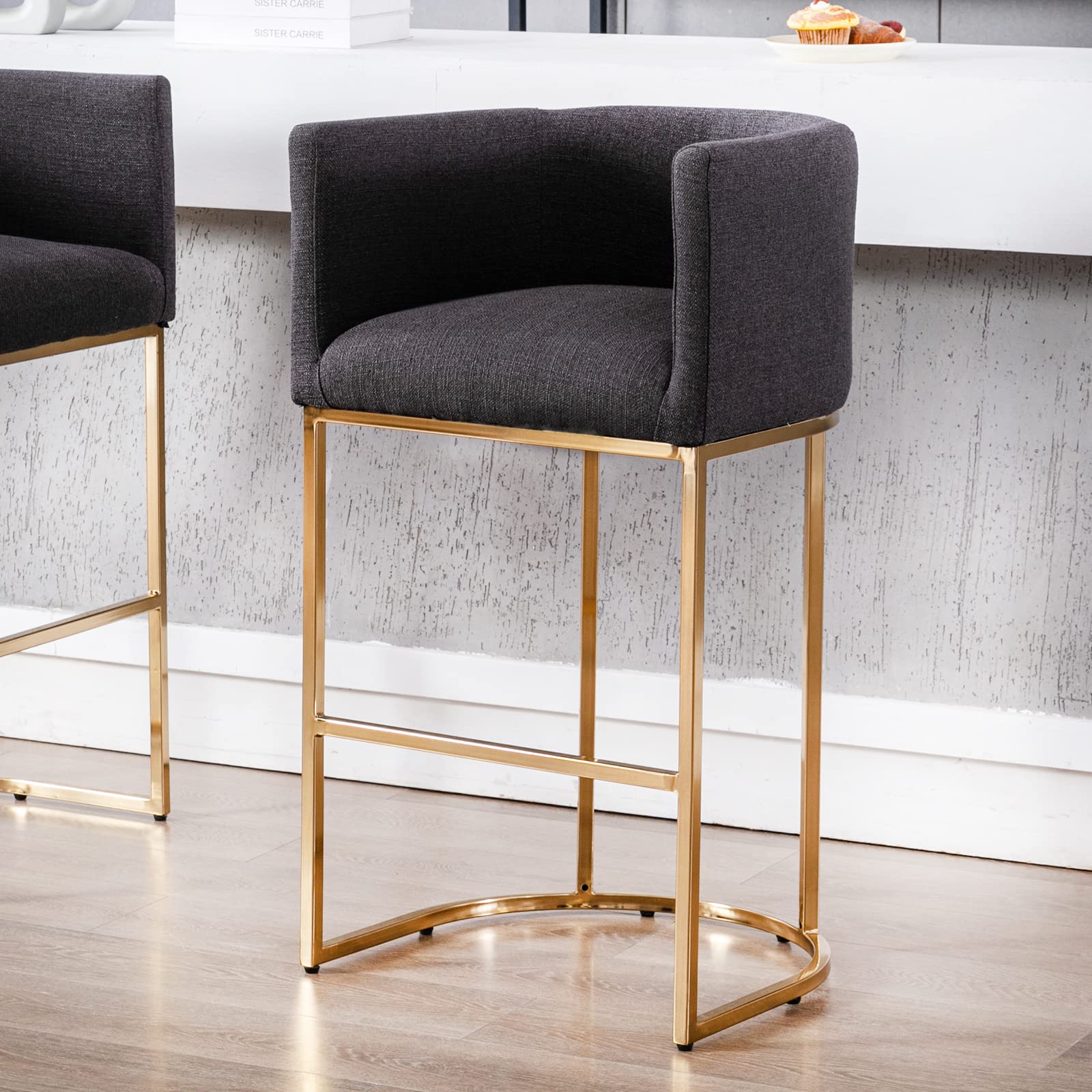 Modern 32 Inch Counter Height Bar Stool with Linen Upholstery & Gold Metal Frame - Back Support Kitchen Island Stool for Dining Room, Bar, or Breakfast Nook - Charcoal Gray