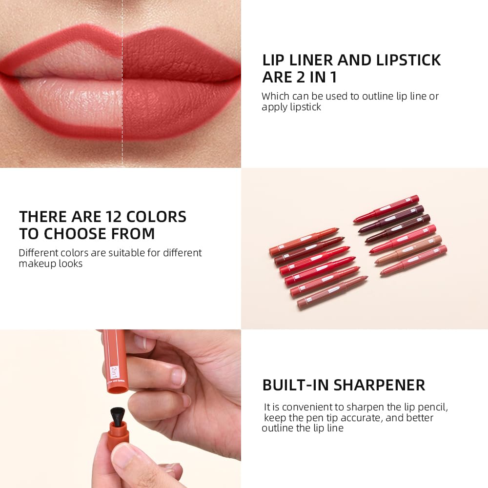2-in-1 Lip Crayon & Lip Liner Pencil - Matte Lipstick with Slim Professional Tip (#12) | Long Lasting Waterproof Lip Makeup for Daily Wear & Special Occasions