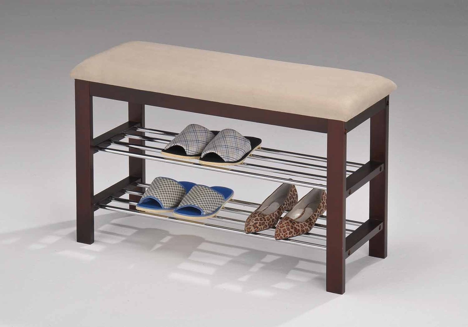 Walnut Shoe Bench with Metal Racks & Cushion - Entryway Organizer
