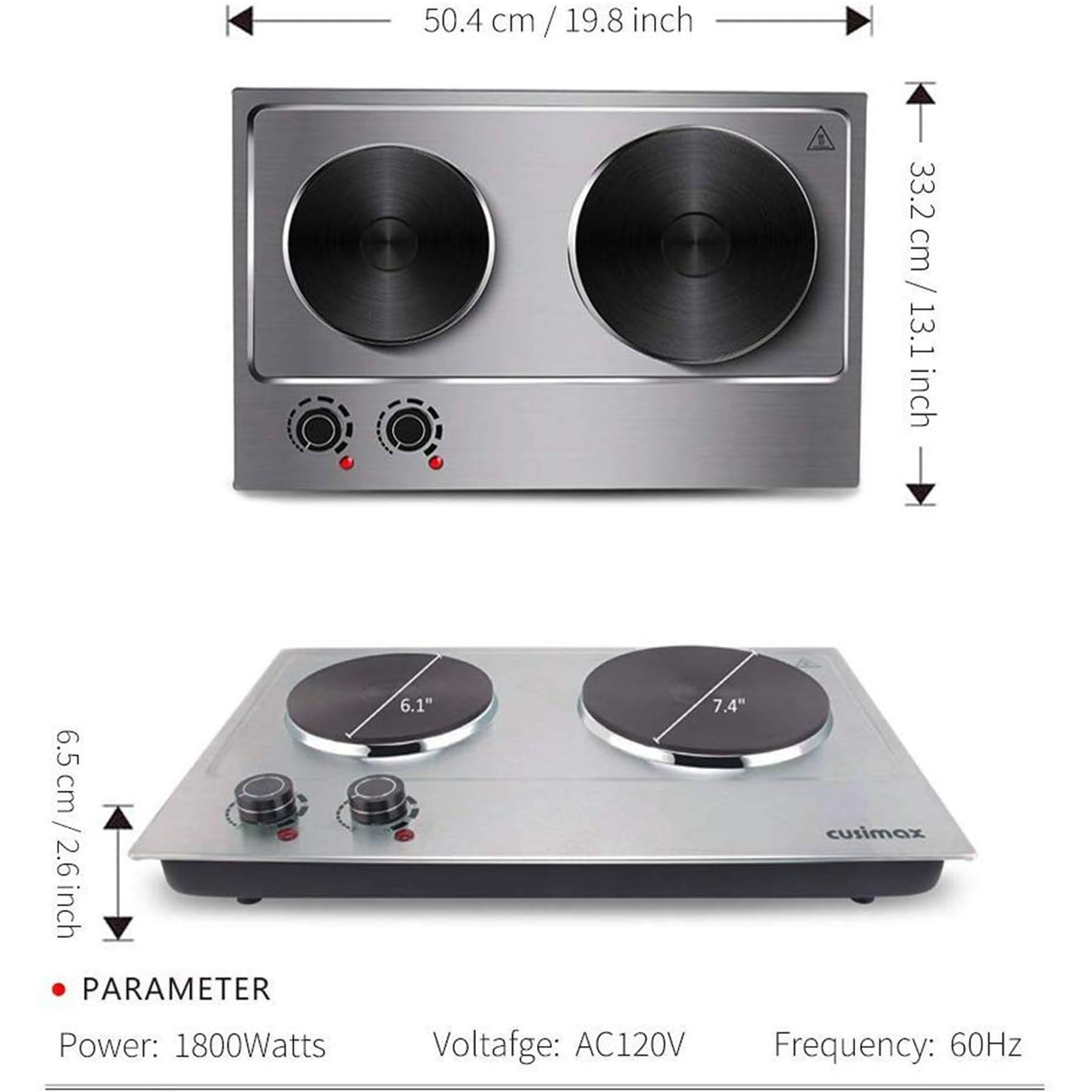 CUSIMAX 1800W Double Burner Electric Hot Plate - Stainless Steel Portable Cooktop with Cast Iron Heating Plates | Easy Clean Countertop Burner for Home, Office & Camping Cooking | Upgraded Version C180N